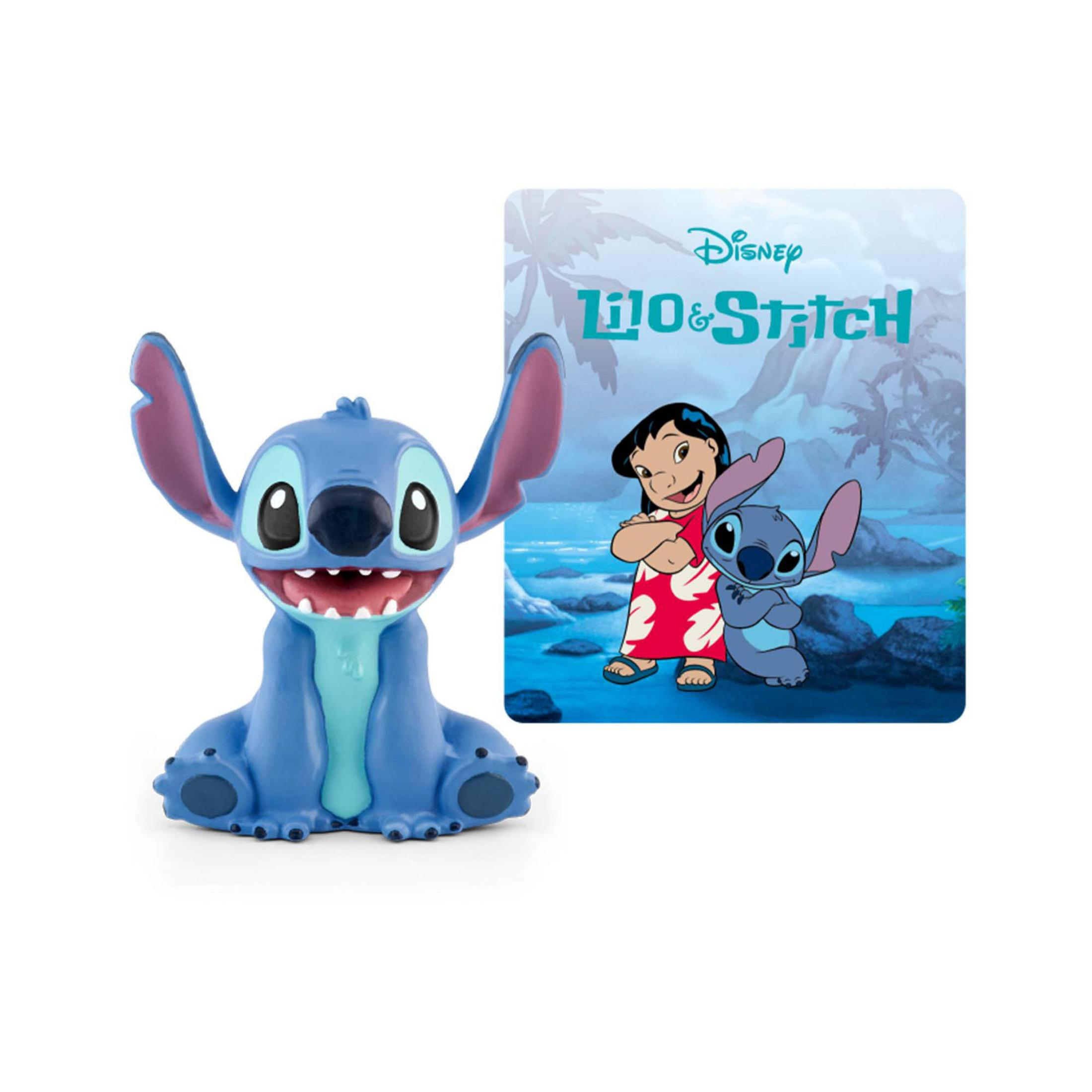 Eine blaue Stitch-Figur und eine Disney Lilo & Stitch-Karte daneben, auf weißem Hintergrund.