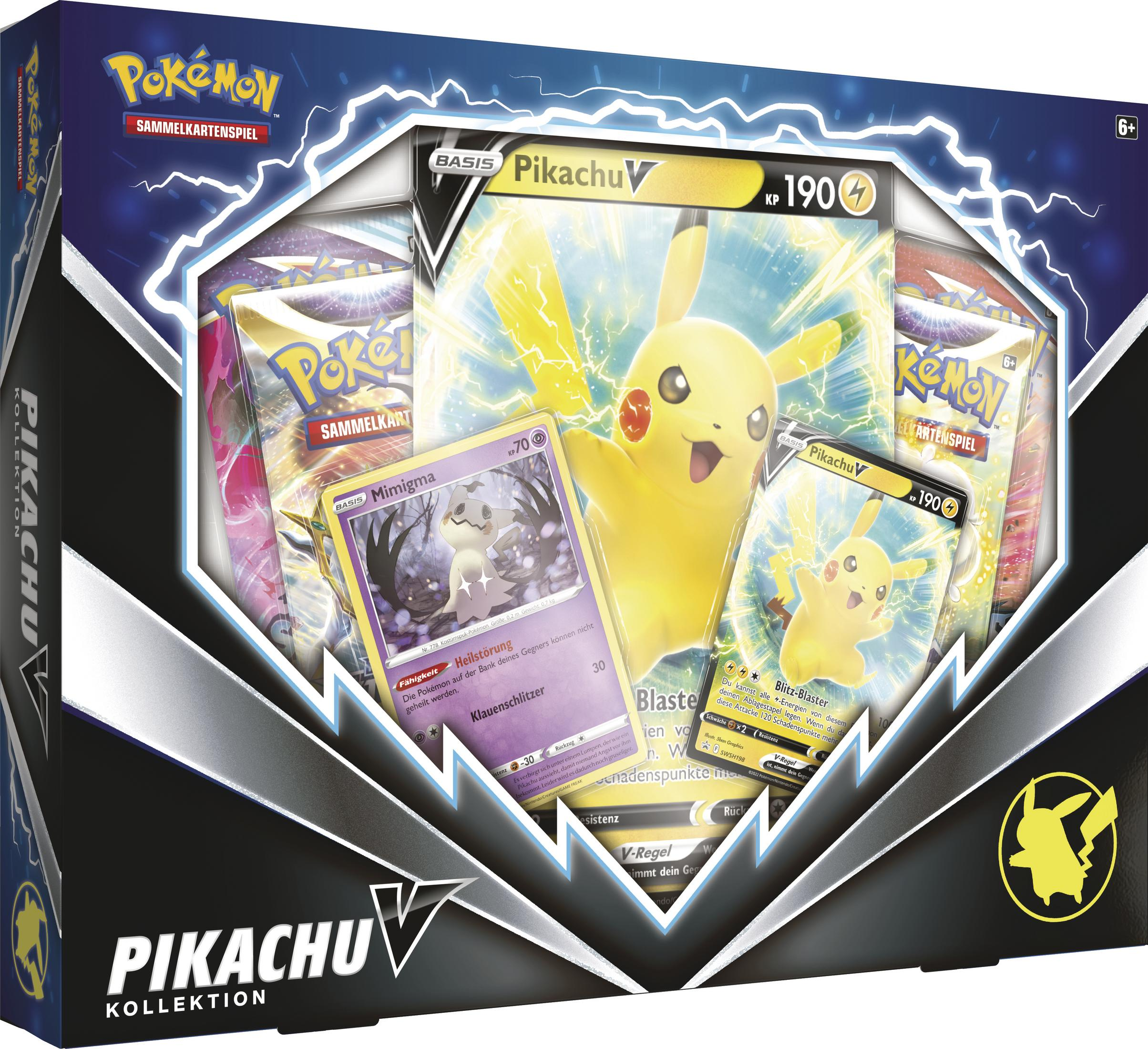 Pikachu V-Sammelbox mit Pokémon-Karten und Booster-Packs. Pikachu ist auf der Vorderseite.