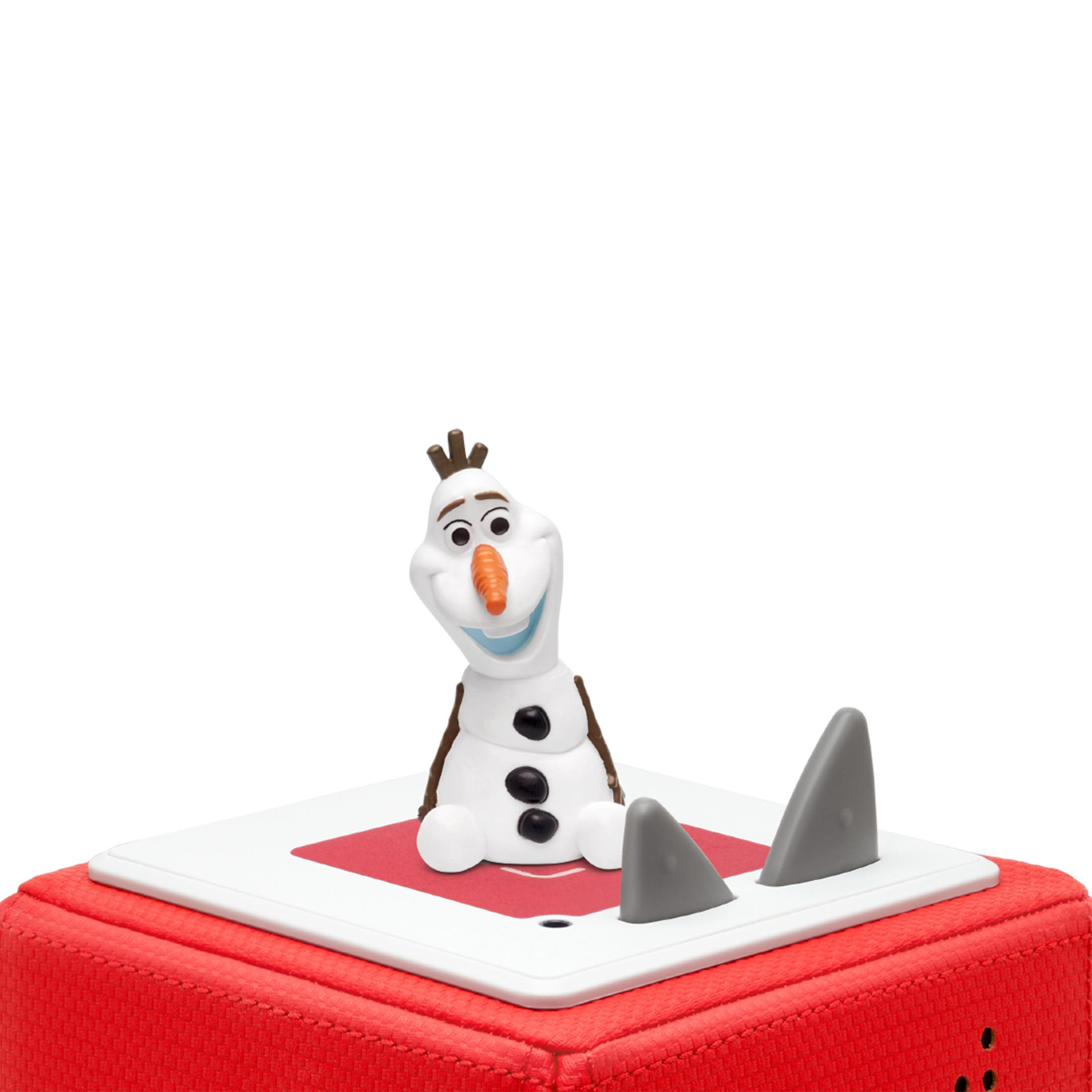 Olaf Schneemannfigur auf roter Basis, mit zwei grauen Formen an der Seite.