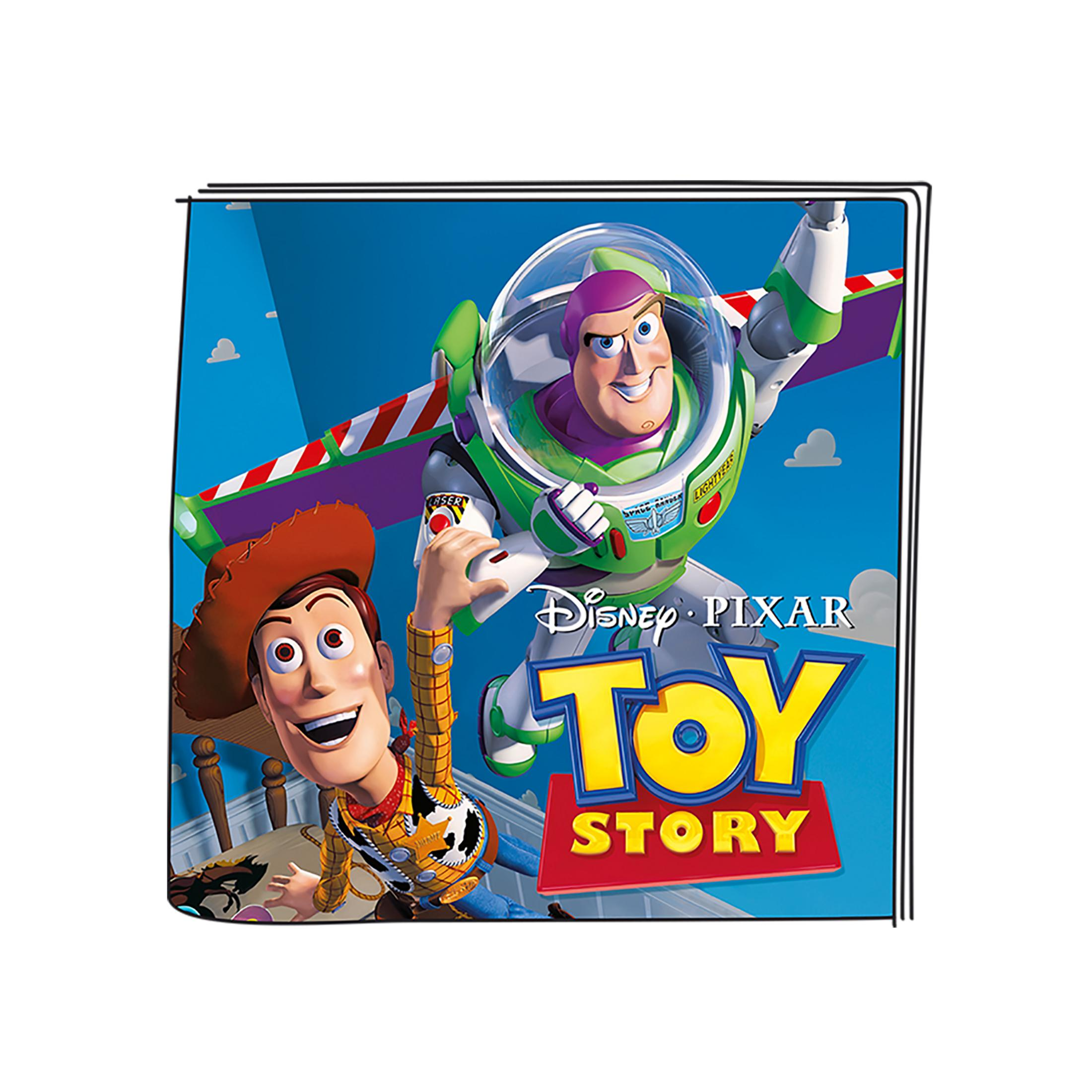 Toy Story-Cover. Woody und Buzz Lightyear in dynamischer Pose. Der Titel steht im Zentrum des blauen Hintergrunds.