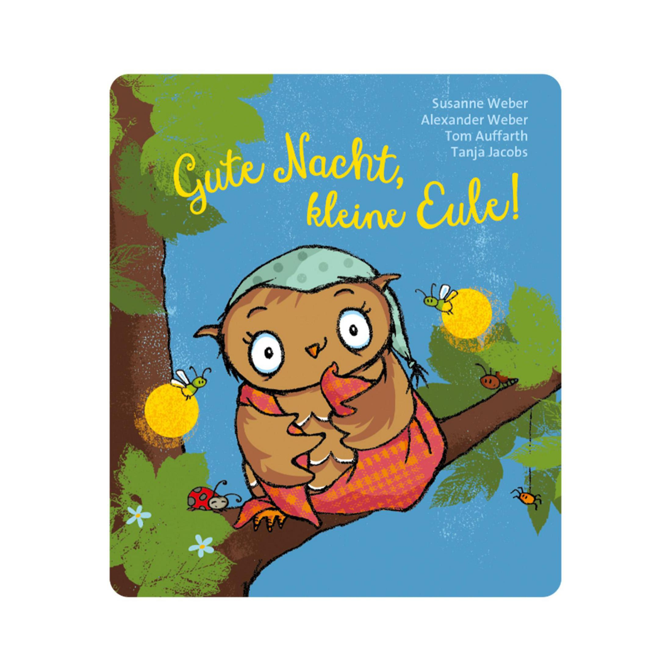 Kinderbuch-Cover: Eule auf einem Ast, mit dem Titel 'Gute Nacht, kleine Eule!'