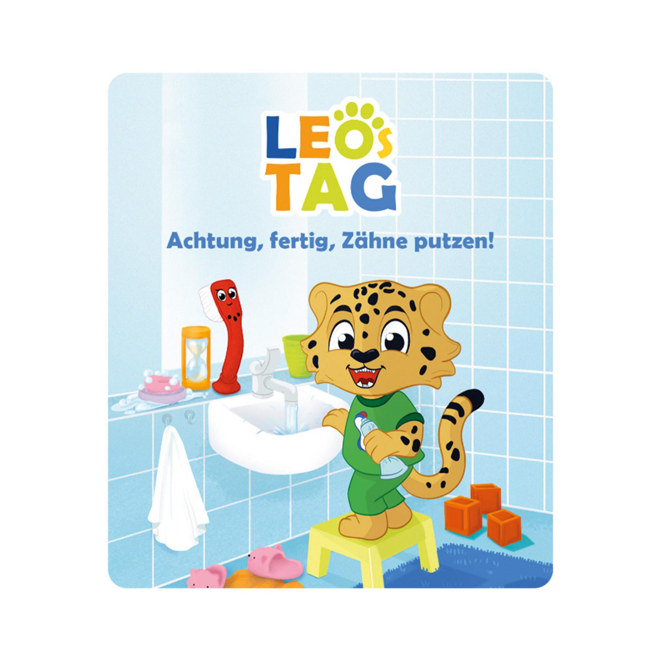 Ein Cartoon eines Leoparden, der sich die Zähne putzt. Text auf Deutsch. Badezimmerhintergrund.