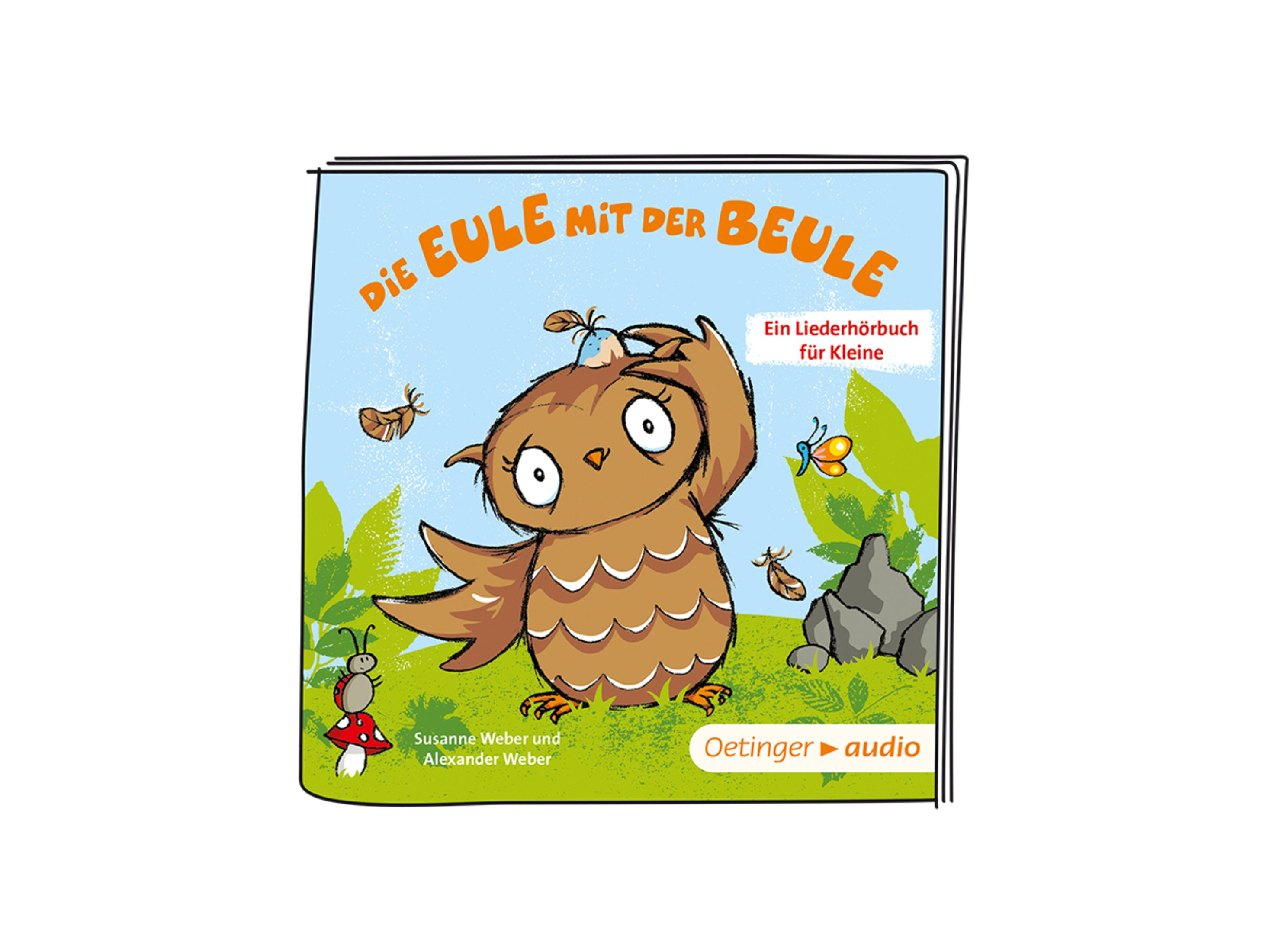 Buchcover mit einer Eule, betitelt 'Die Eule mit der Beule' und Illustrationen von Insekten und Pflanzen.