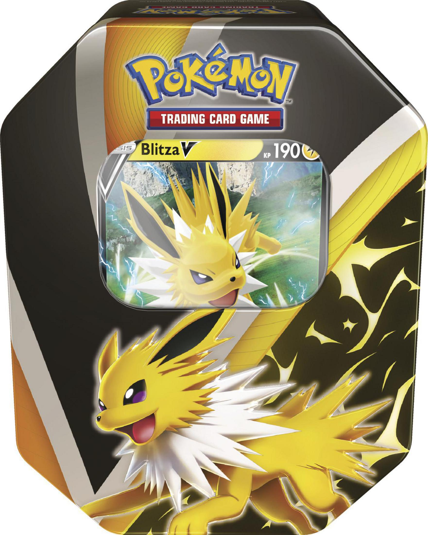 Pokémon-Sammelkarten-Tin mit Blitza und Pikachu-ähnlichen Kreaturen, auf schwarzem und gelbem Hintergrund.