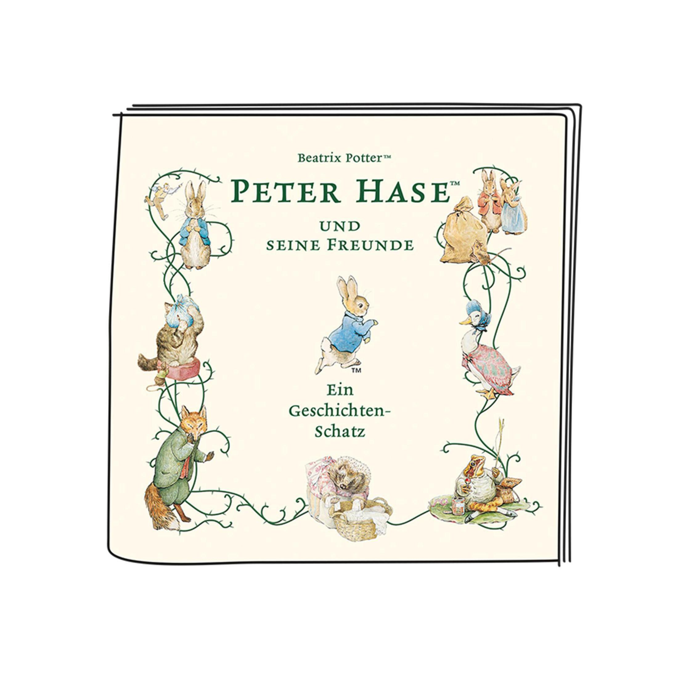 Buchcover: Peter Hase, mit Illustrationen verschiedener Tiere und dem Titel.
