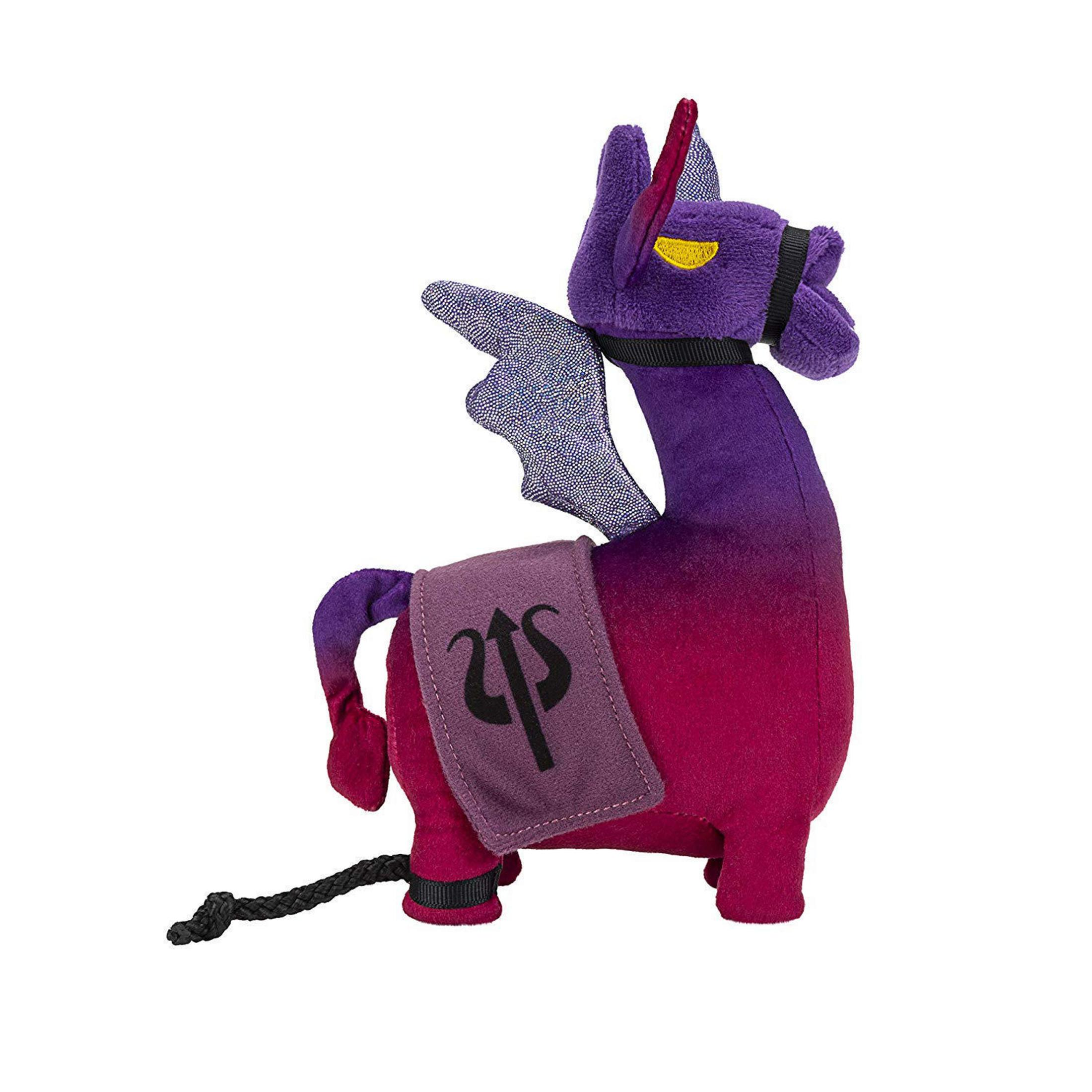 Plüschpuppe eines lila und pinkfarbenen Lamas mit Flügeln und einem Sattel. Die Puppe hat einen schwarzen Schwanz.