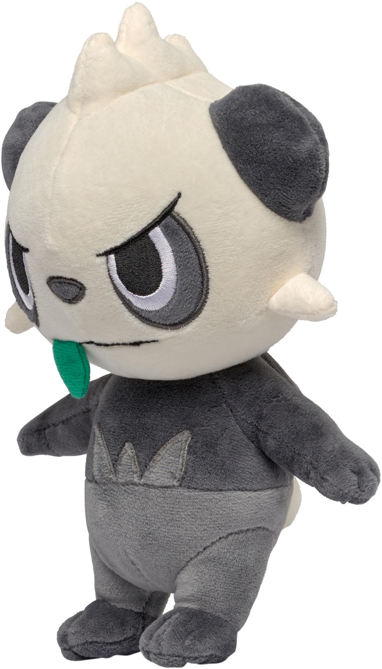 Ein Plüschtier eines pandaartigen Pokémon-Charakters. Es ist schwarz, weiß und grau.