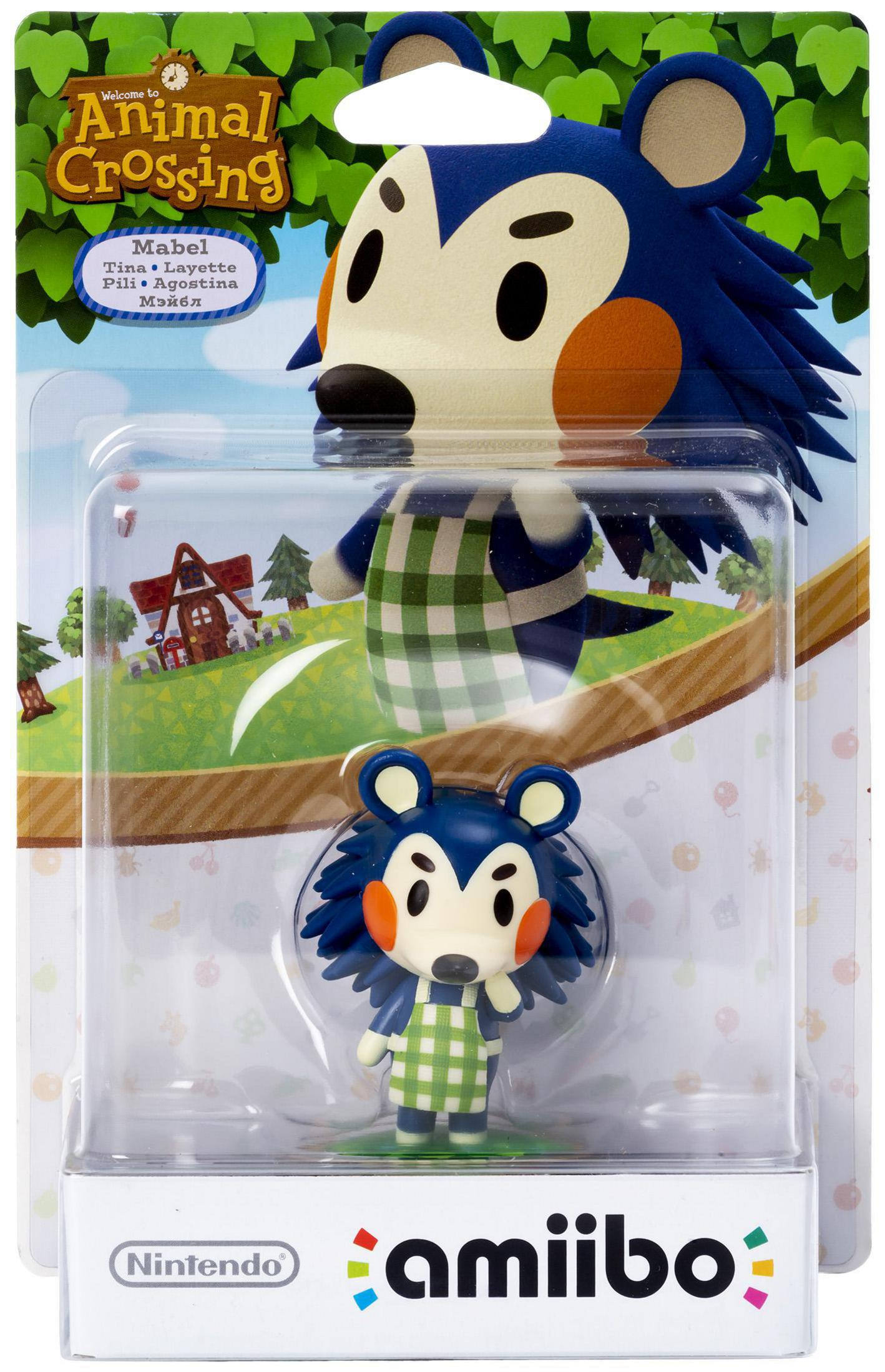 Animal Crossing Figur von Mabel in Verpackung, Hintergrund Waldszene.