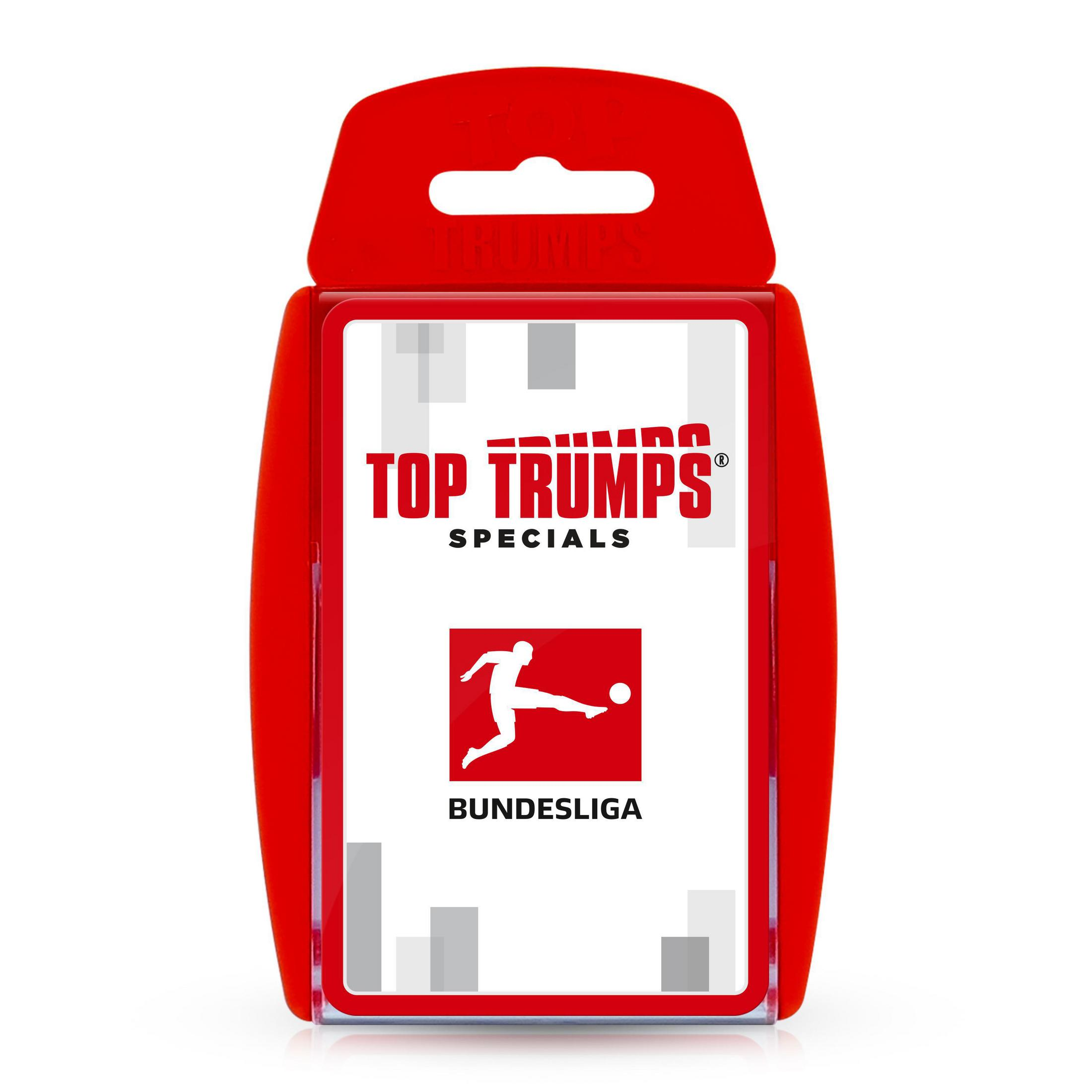 Ein Top Trumps Bundesliga Kartenpack in roter Hülle auf weißem Hintergrund.