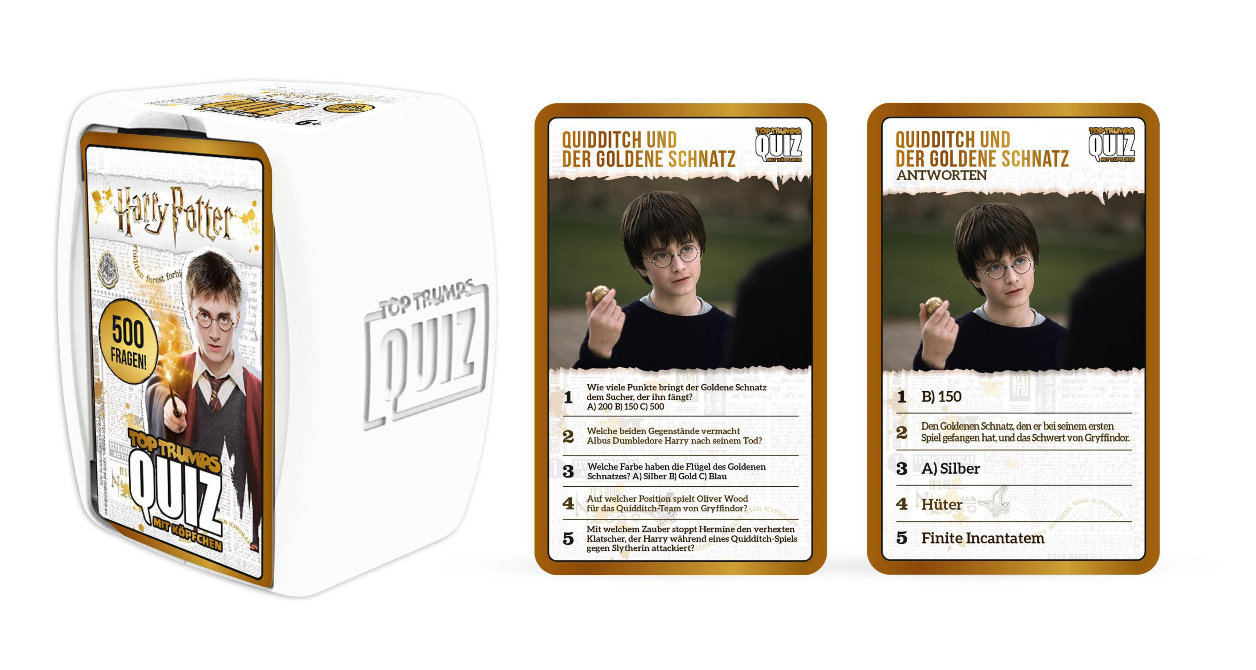 Harry Potter Top Trumps Kartenspielbox und Karten mit Quizfragen.
