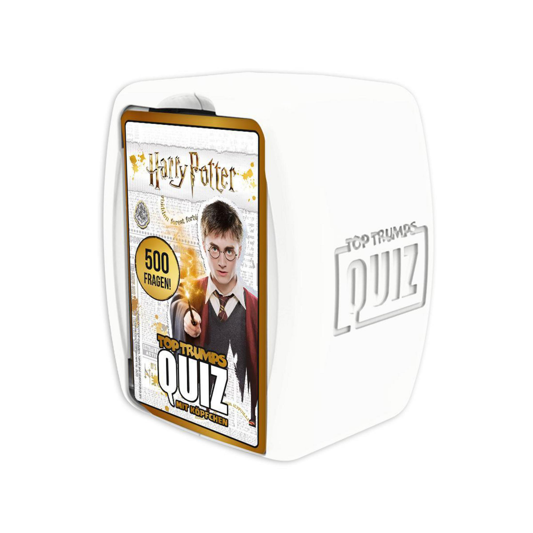 Harry Potter Top Trumps Quiz-Spielbox. Weiße Box mit Kartenanzeige, weißer Hintergrund.