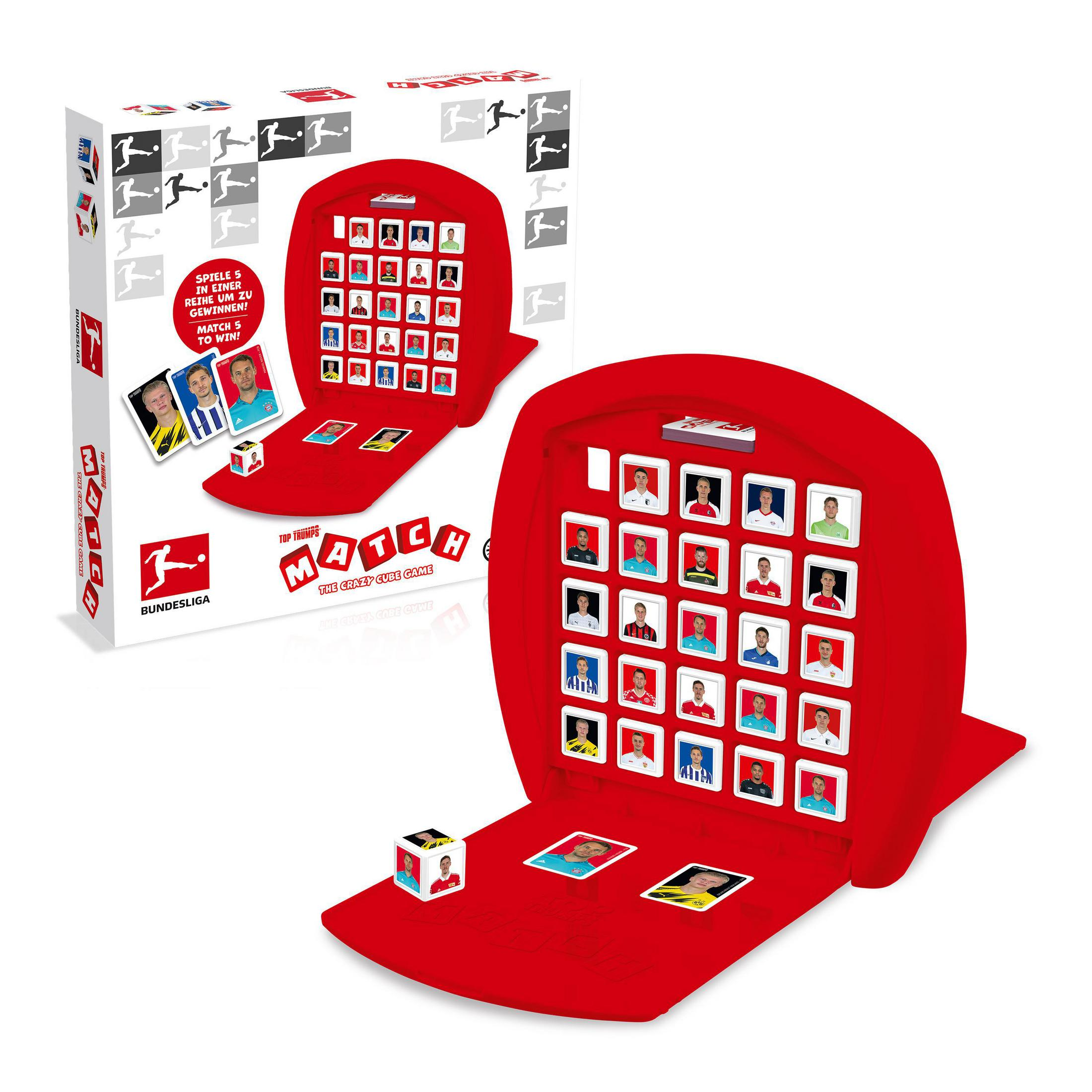 Ein rotes Brettspiel mit Karten und einem Würfel. Enthält Spielerporträts und das Wort MATCH.