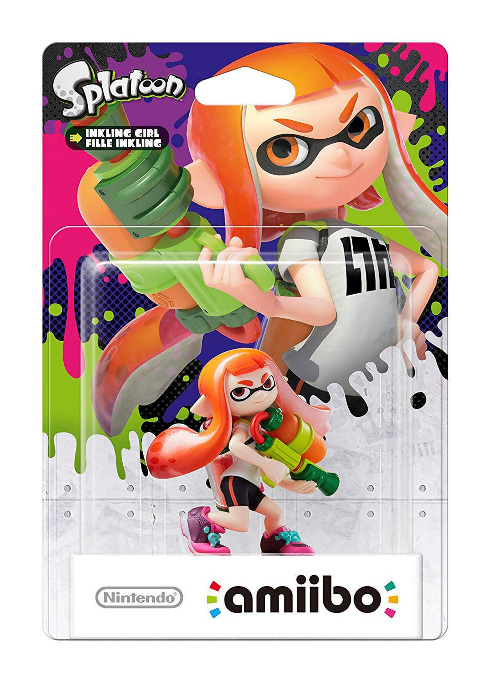 Splatoon Inkling-Mädchenfigur in Blisterverpackung, grün-rosa Hintergrund.