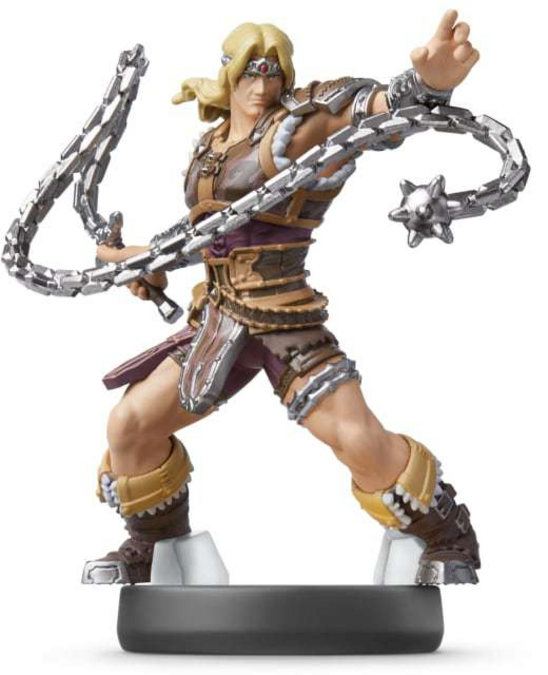 Una figura de Castlevania con un látigo. La figura está sobre una base negra.