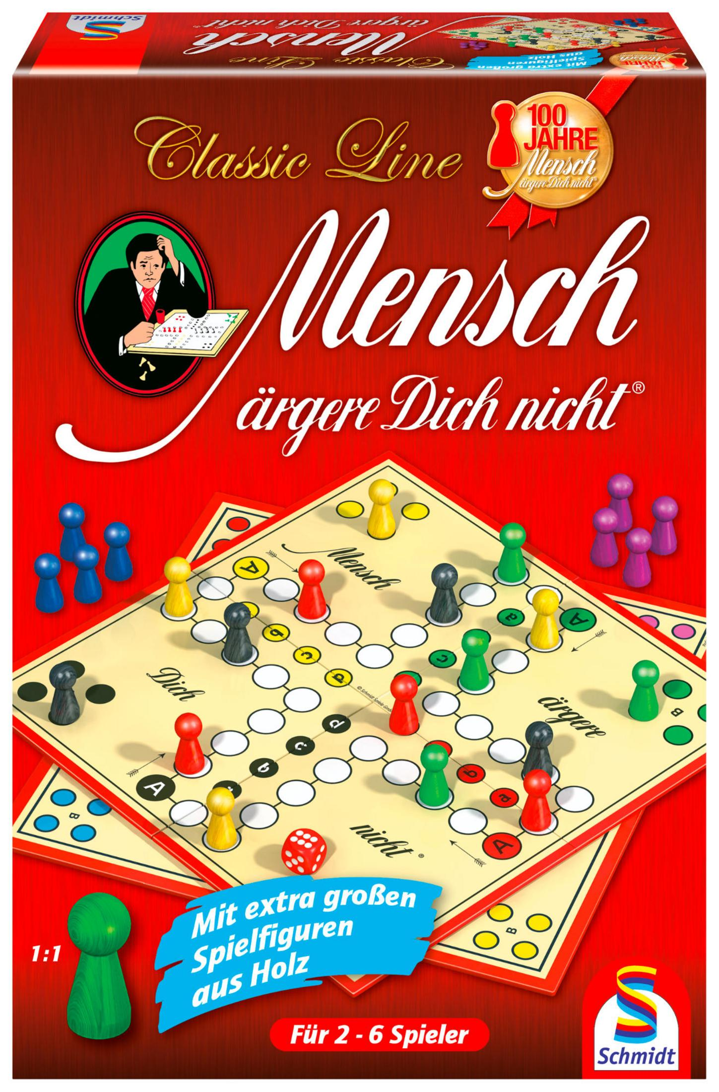 Boîte du jeu de société, Mensch ärgere Dich Nicht. Les pièces du jeu sont sur le plateau.