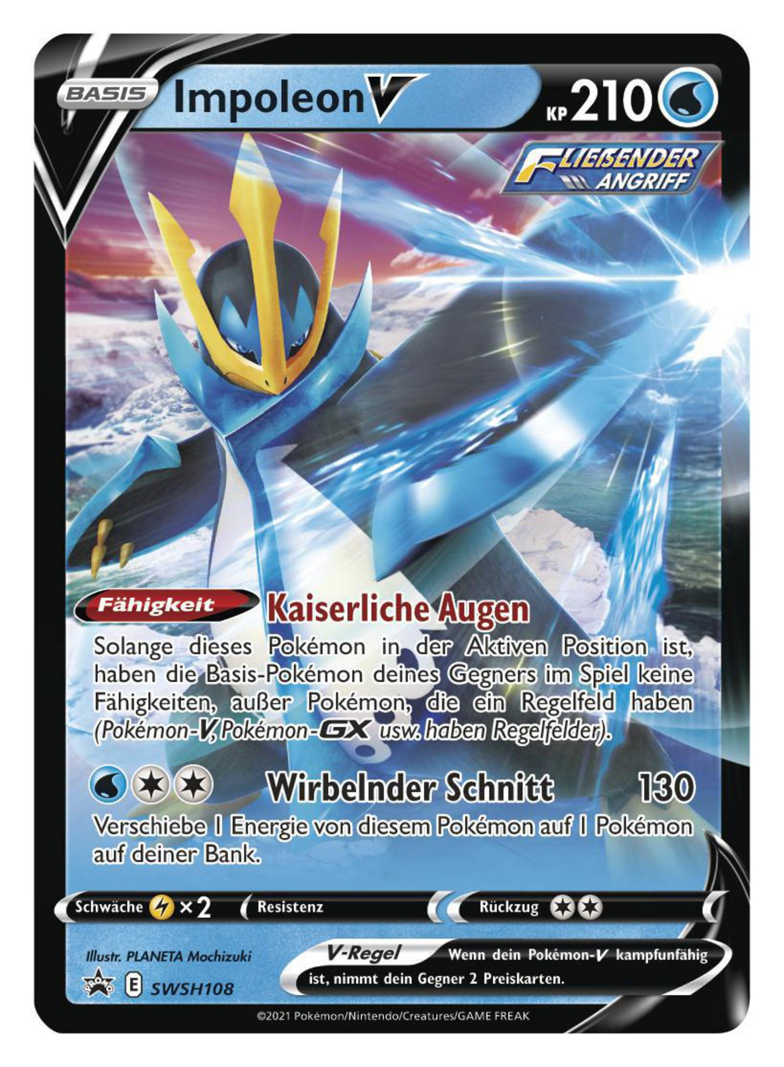 Pokémon-Karte von Impoleon V mit seinen Fähigkeiten und Angriffsdetails.