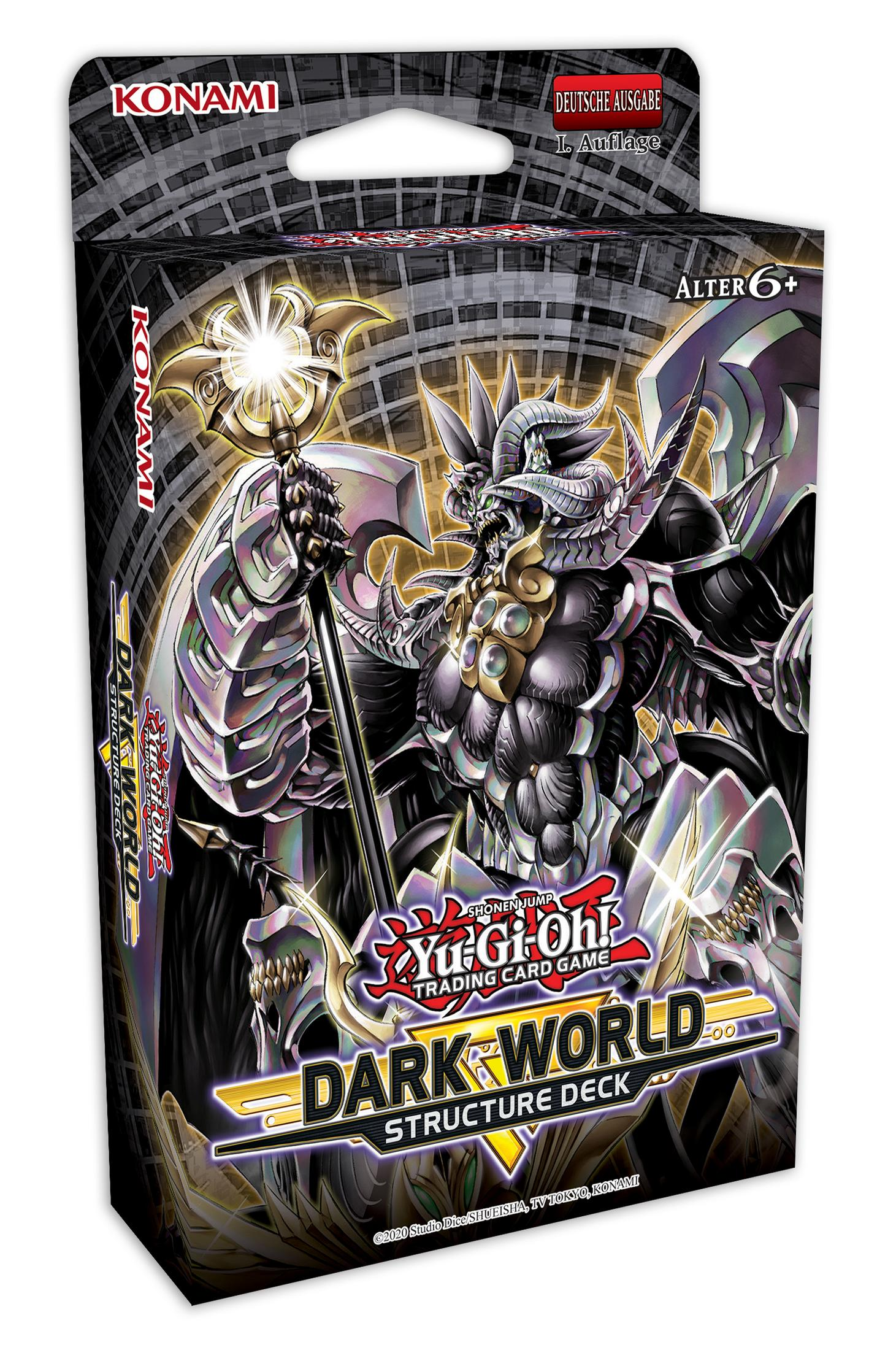 Eine Yu-Gi-Oh! Dark World Structure Deck Box wird vor einem weißen Hintergrund angezeigt.