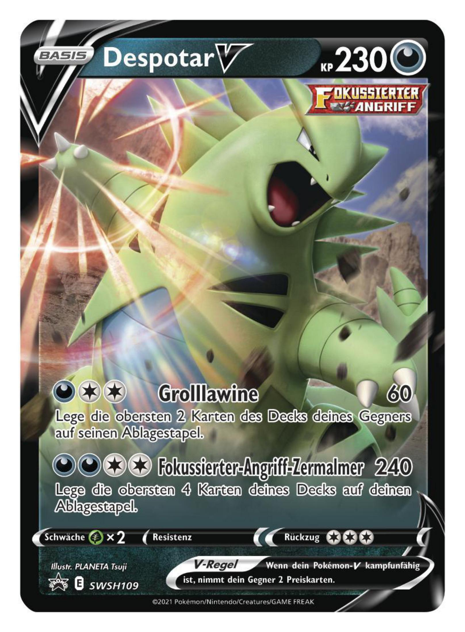 Eine Pokemon-Karte mit einem grünen Monster. Text: 'Despotar V'.