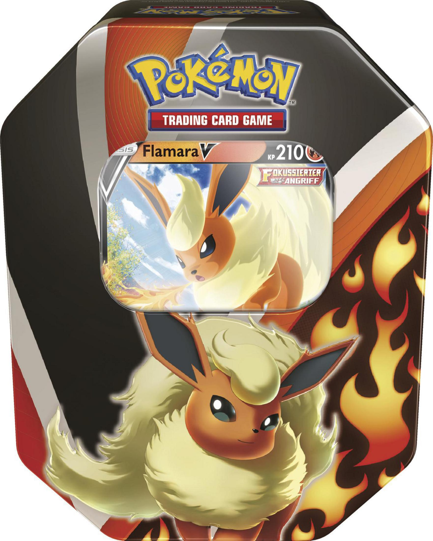 Eine Pokémon Trading Card Game Dose mit Flareon-Kartendesign. Schwarz, rot und weiß.