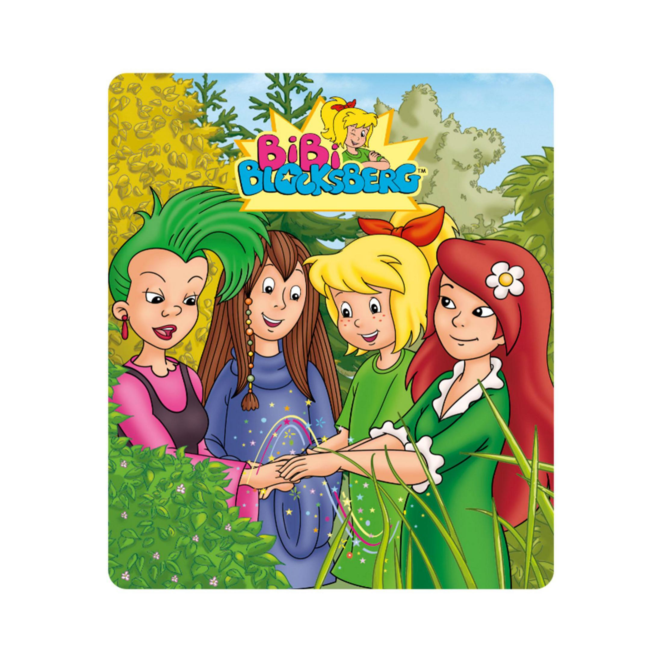 Kinderbuchcover mit Bibi Blocksberg und drei anderen jungen Mädchen in einer Waldszene.