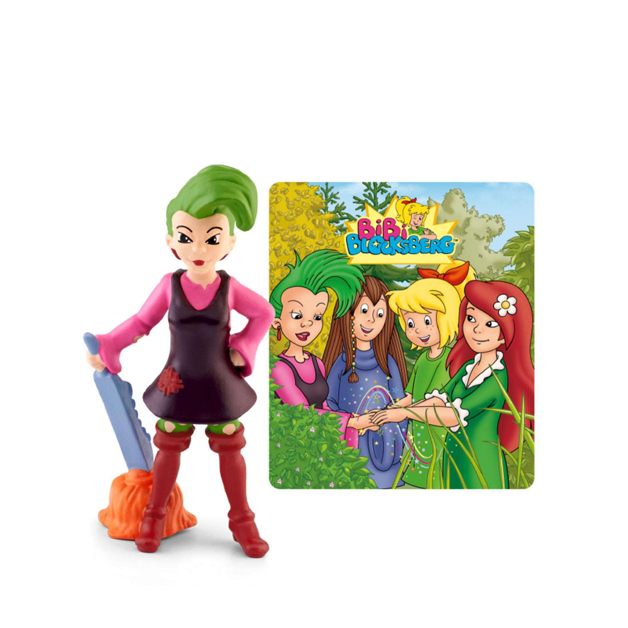 Eine Bibi Blocksberg-Figur mit einer Kettensägen-Besen und ein Cartoon-Bild von Bibi und Freunden.