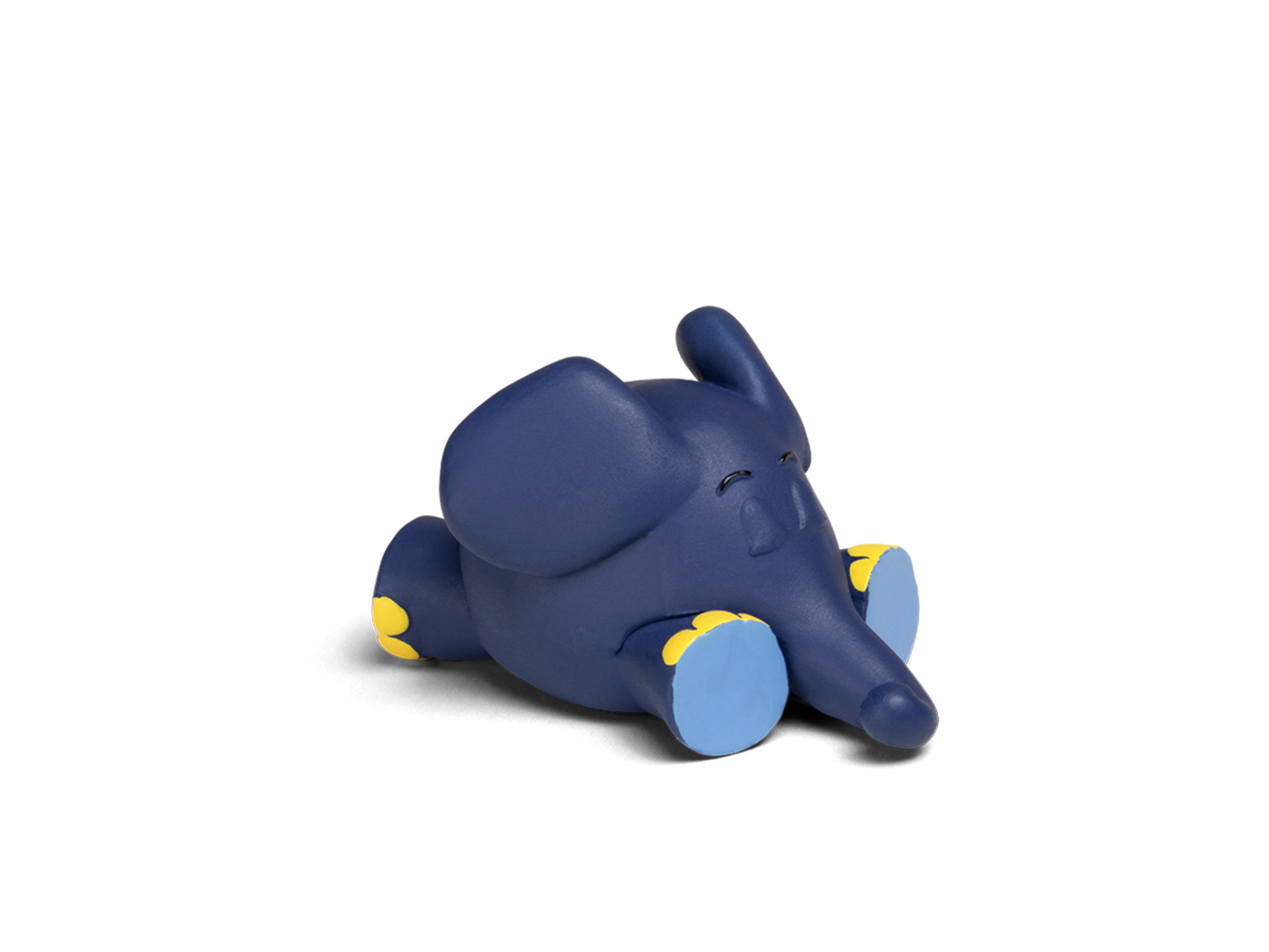 Blauer Cartoon-Elefant liegt, gelbe und blaue Akzente.