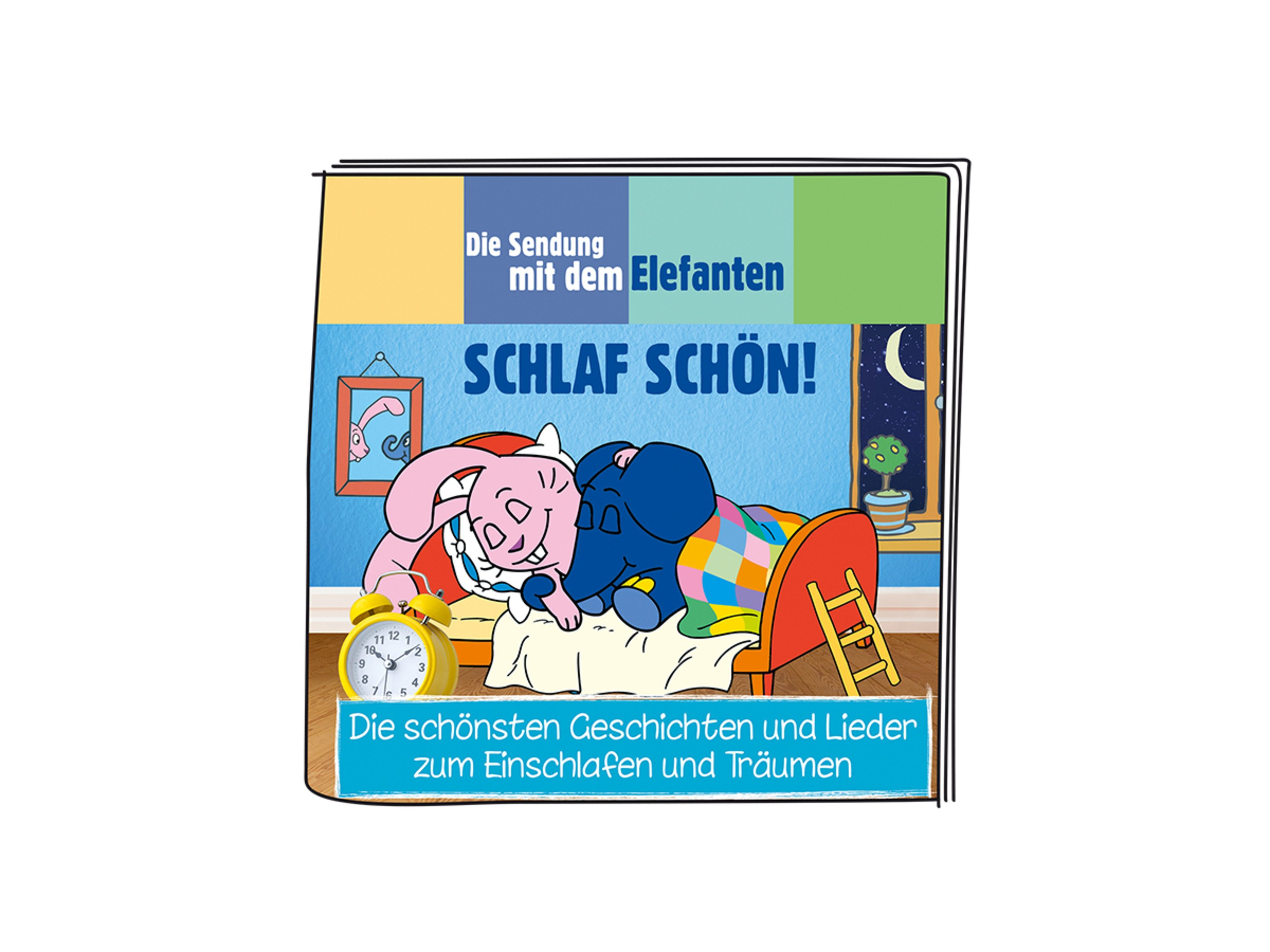 Buchcover mit einem Cartoon von einem Kaninchen und einem Elefanten im Bett.
