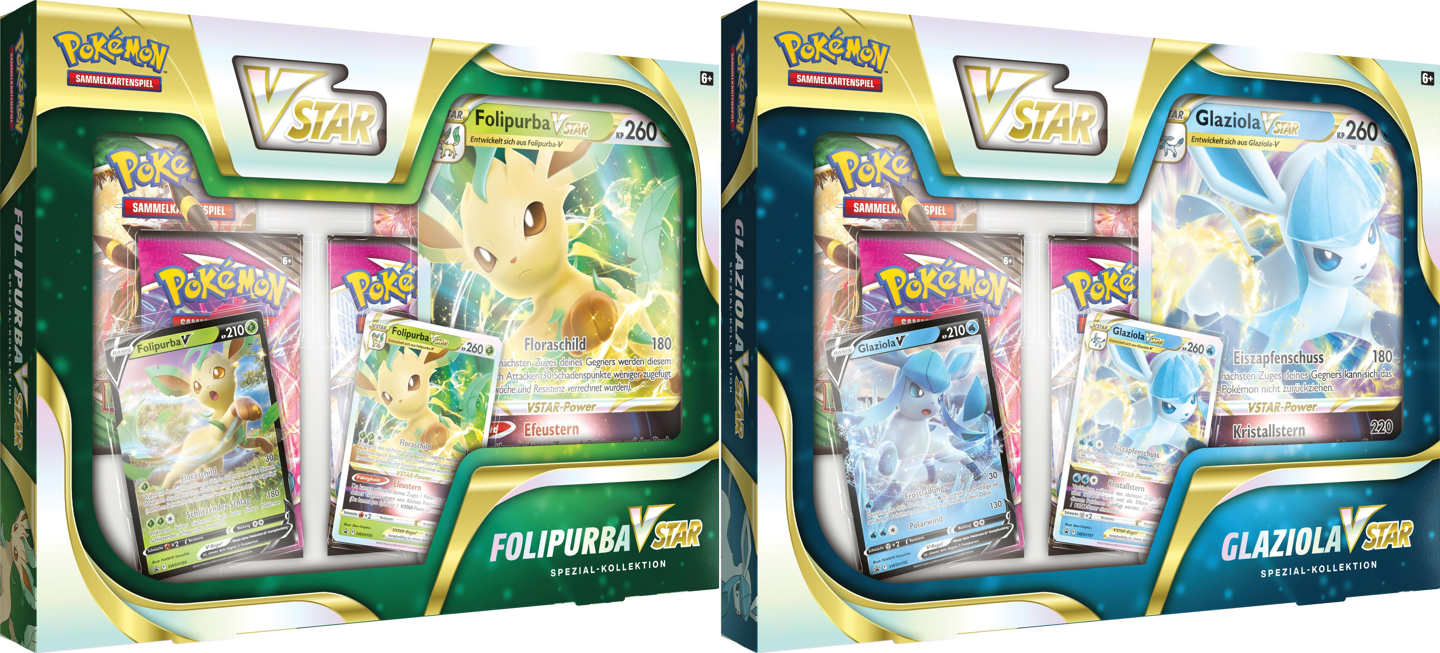 Zwei Pokémon VSTAR Special Collection Boxen, grün und blau. Weißer Hintergrund.