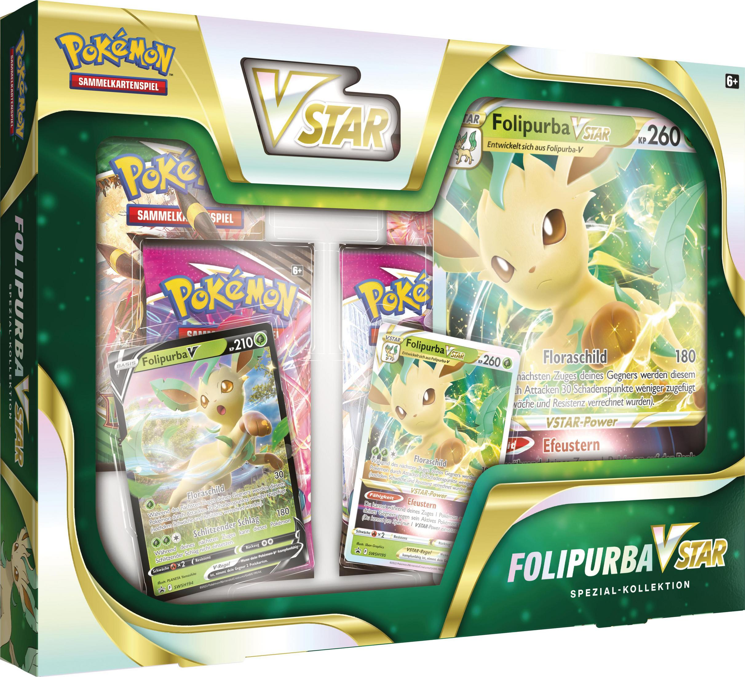 Pokémon-Sammelkarten-Set mit Folipurba auf Karten und einem grün-weißen Hintergrund, das das V-Star-Zeichen zeigt.