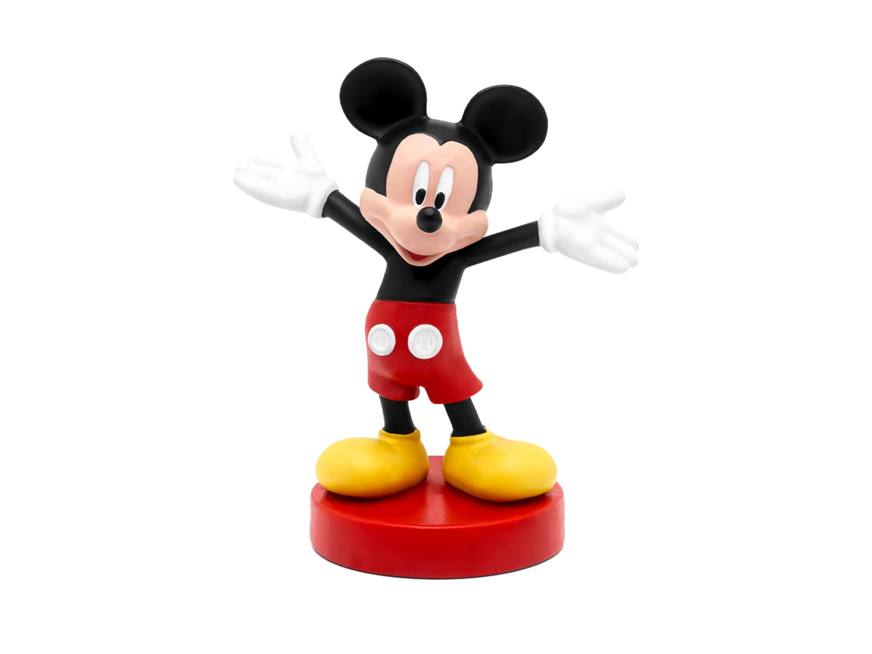 Mickey Mouse-Figur in klassischer Kleidung. Steht auf roter Basis mit offenen Armen.