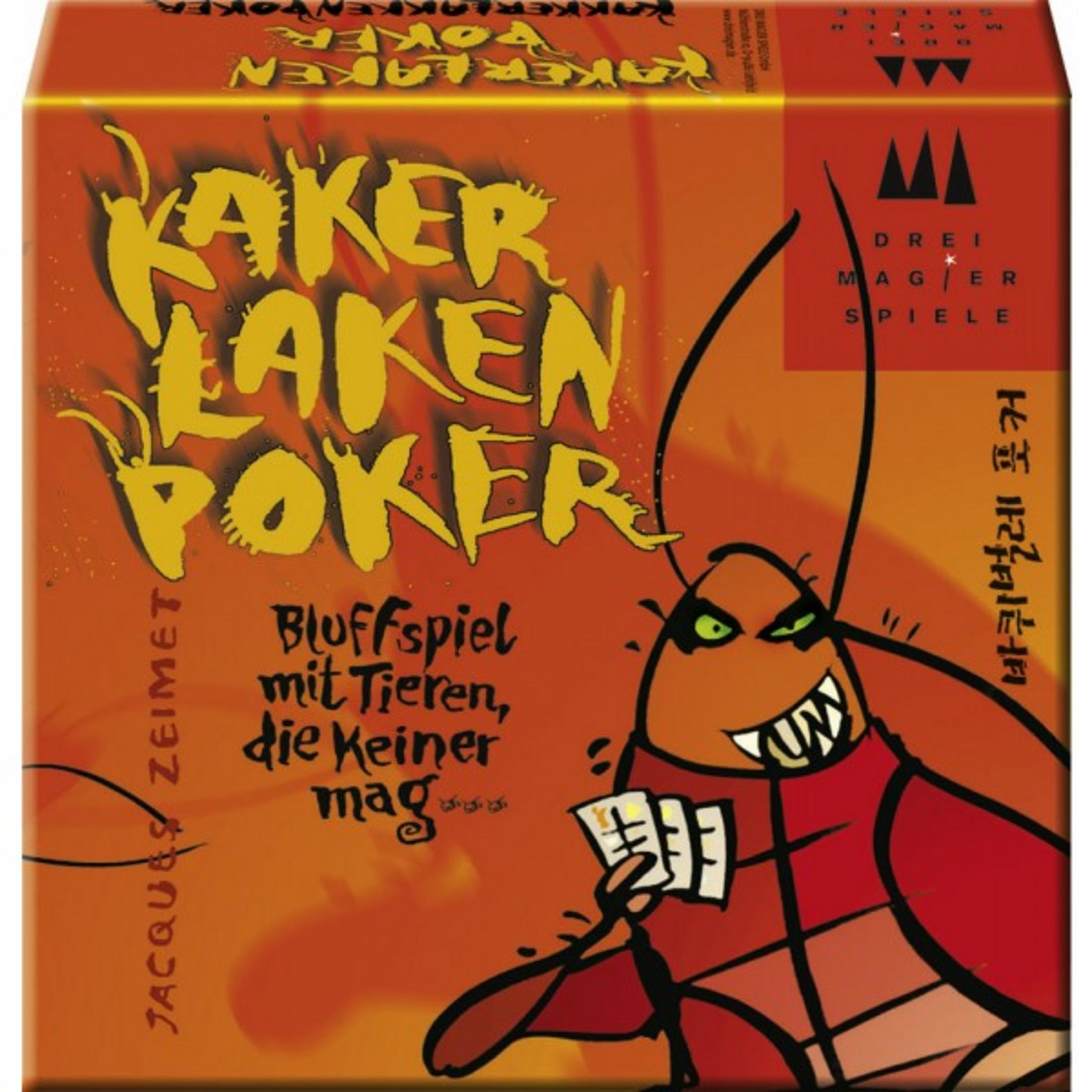 Pudełko gry 'Kaker Laken Poker', z postacią karalucha i tekstem.