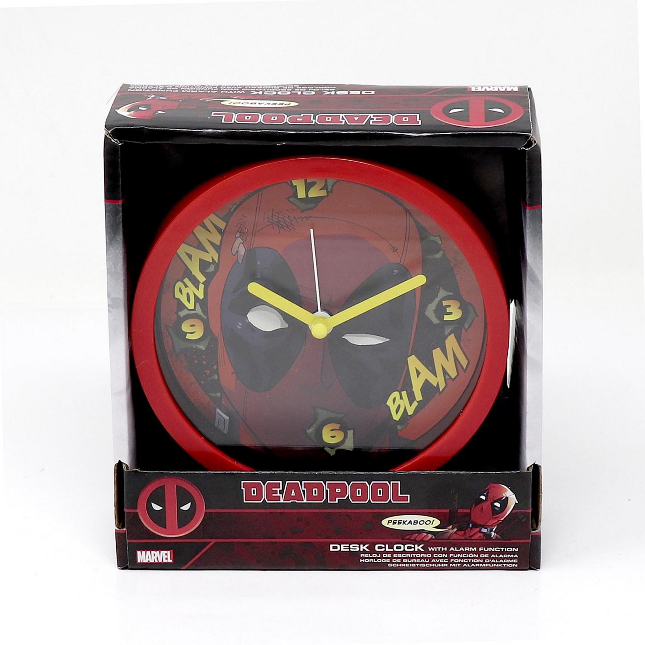 Deadpool Wecker in einer Box, Deadpool-Gesicht auf der Uhr.