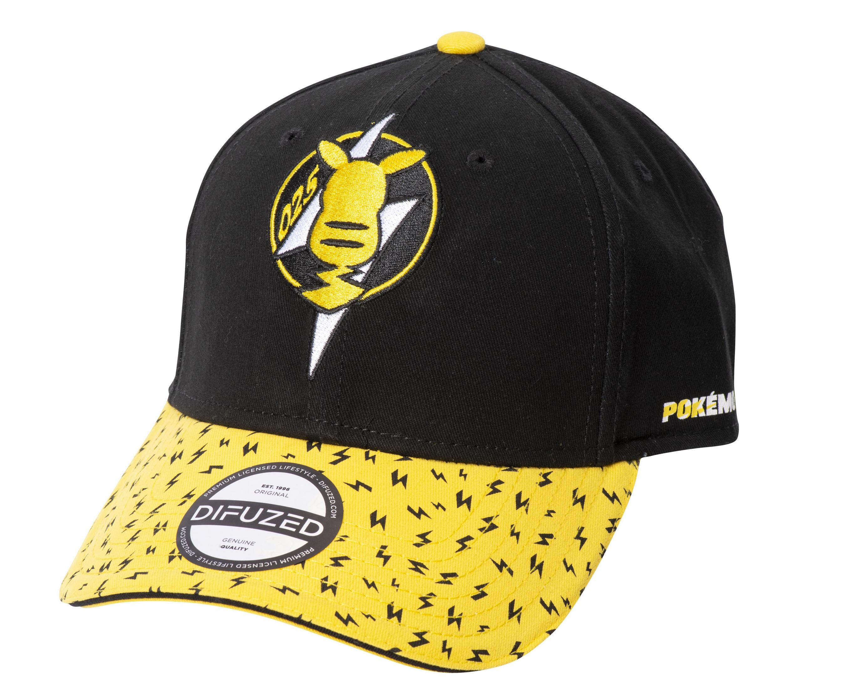 Schwarze und gelbe Pokemon-Baseballkappe. Enthält Pikachu und die Nummer 025.