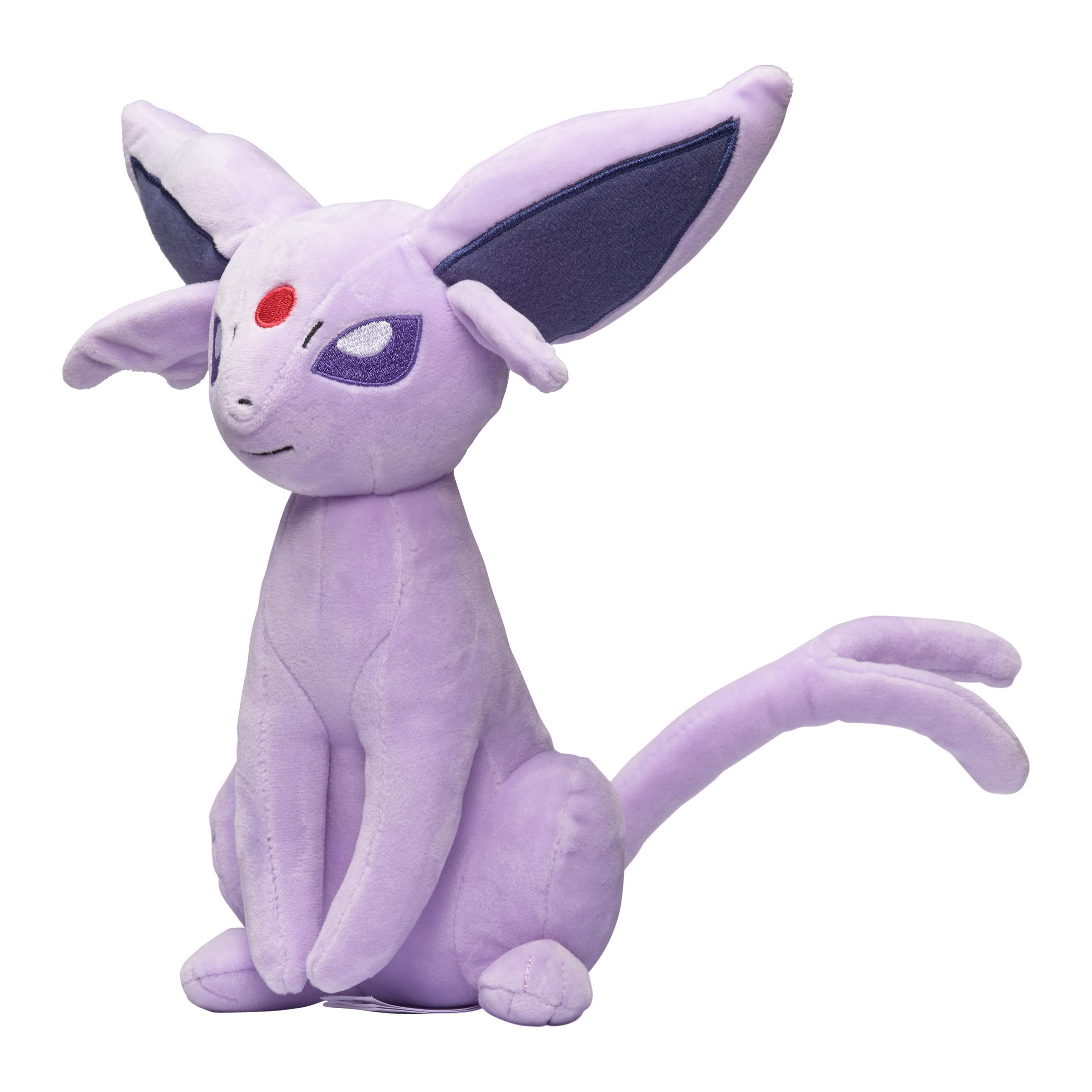 Lila Espeon-Plüschtier, sitzend, mit einem roten Edelstein auf der Stirn.