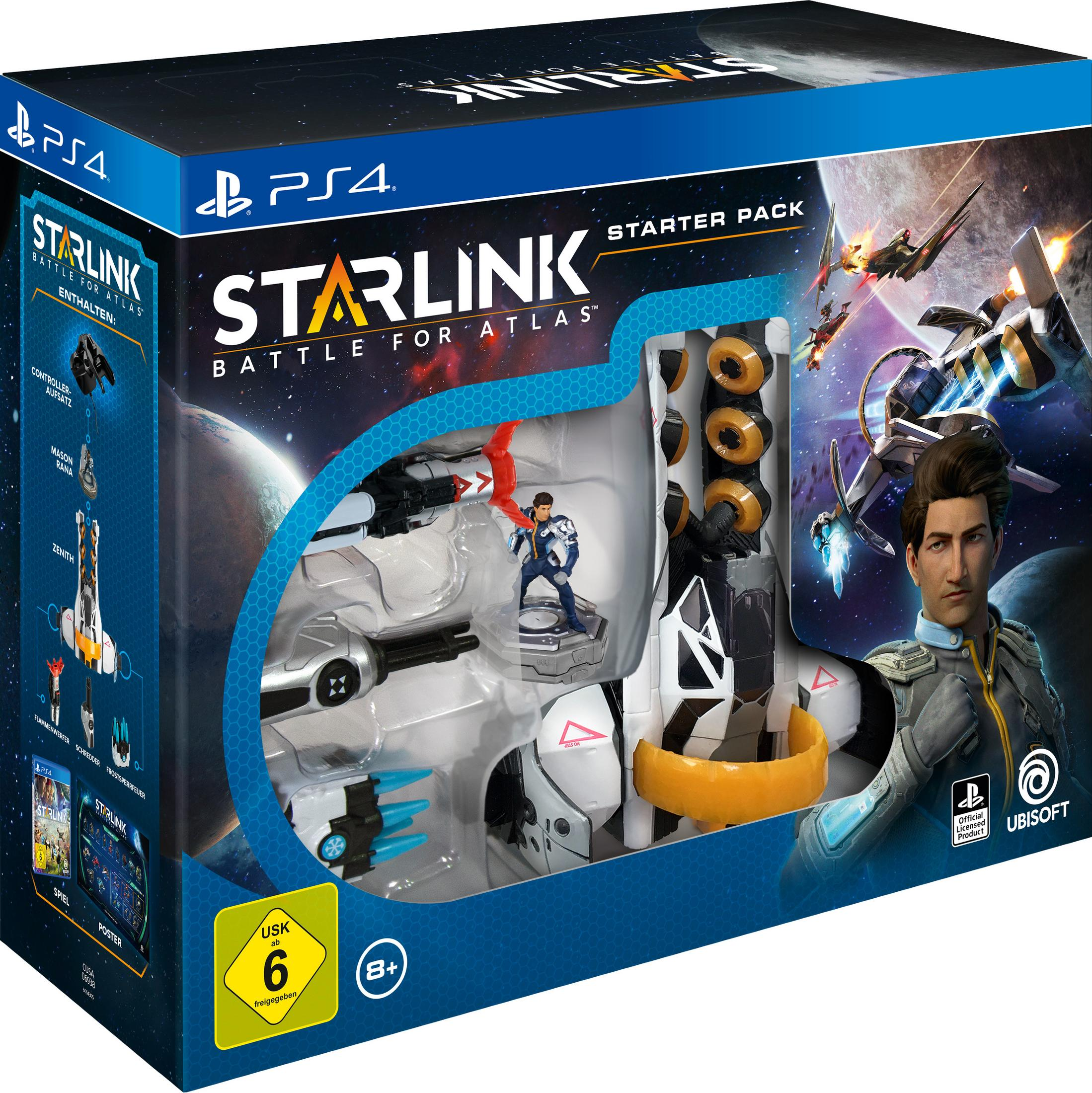 Starlink: Battle for Atlas Spielbox. Raumschiffe, Charaktere, Sternenhimmel, PS4 Logo.