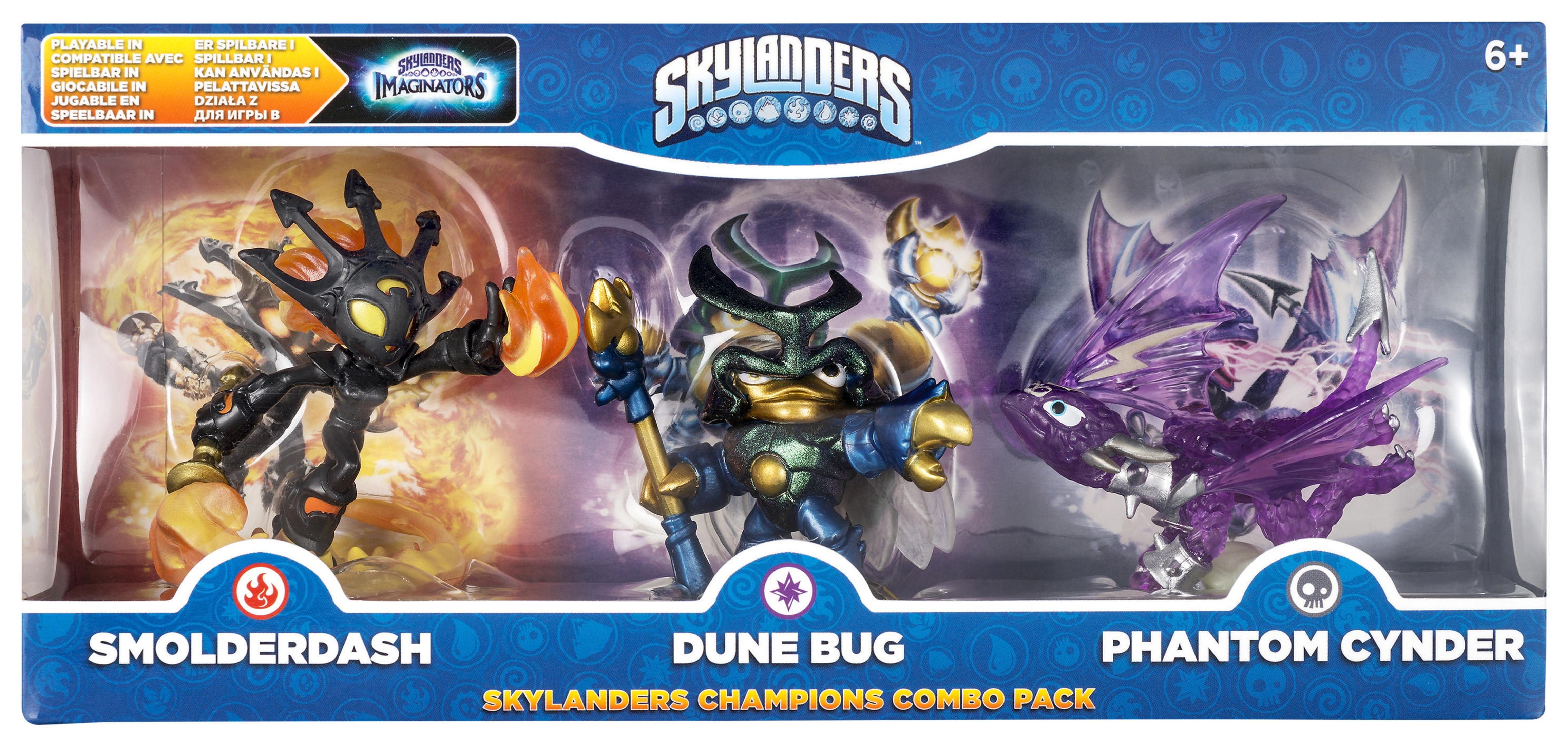 Ein Skylanders-Box-Set mit drei Actionfiguren und einem lebendigen Hintergrund.
