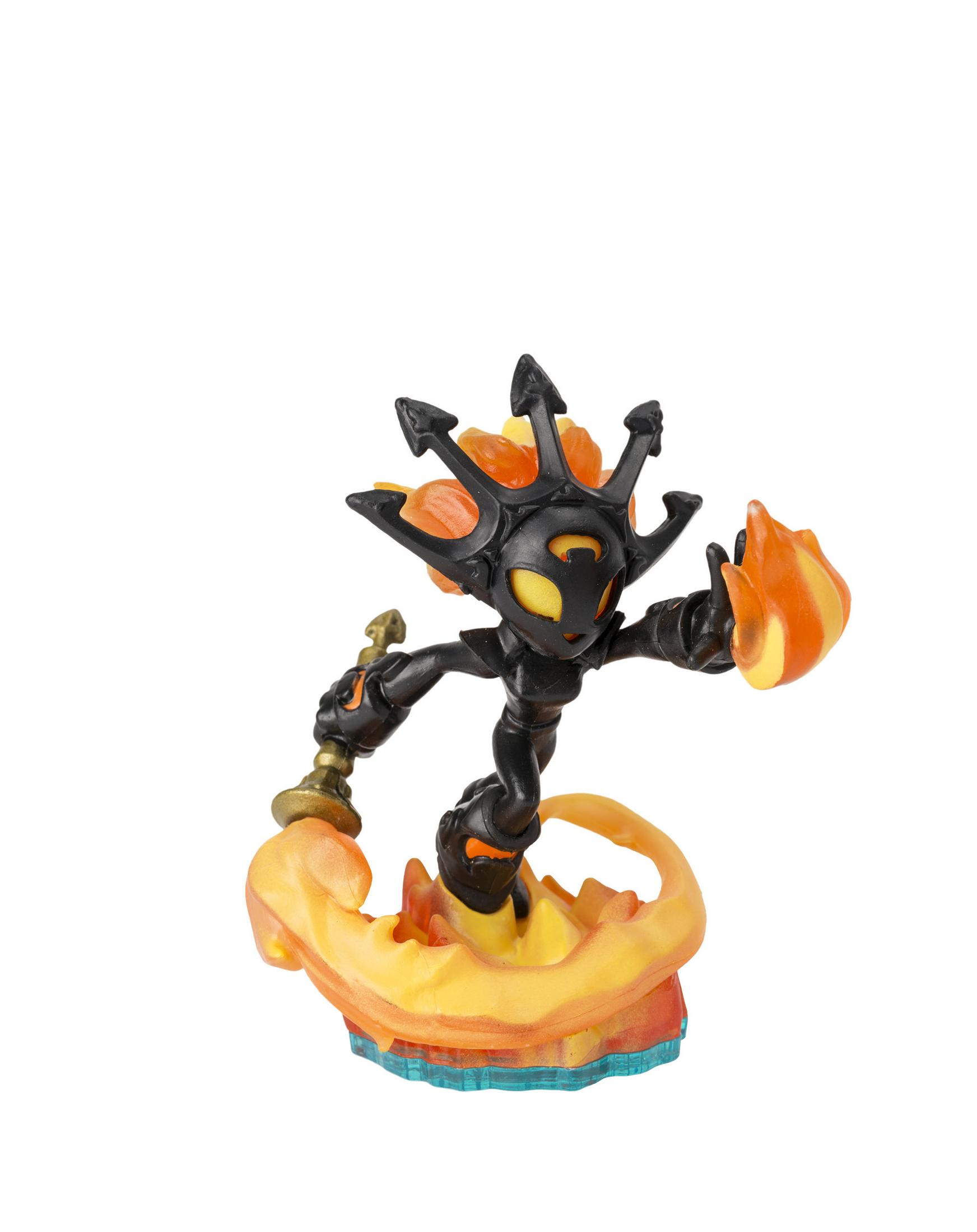 Actionfigur einer schwarzen Figur mit orangenen Flammen an den Händen und Flammenbasis.