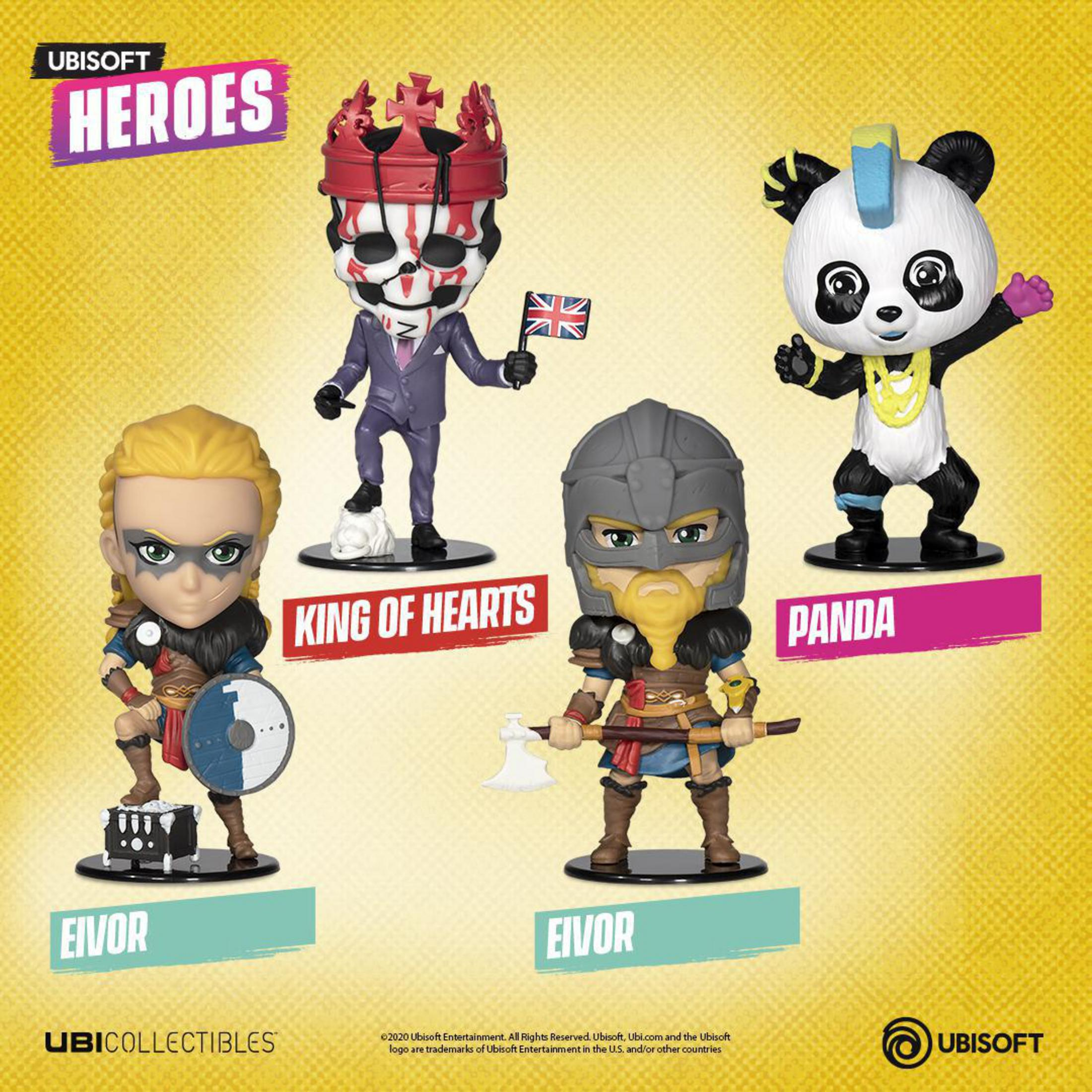 Ubisoft Heroes Figuren. Eivor, Panda und King of Hearts Figuren auf gelbem Hintergrund.