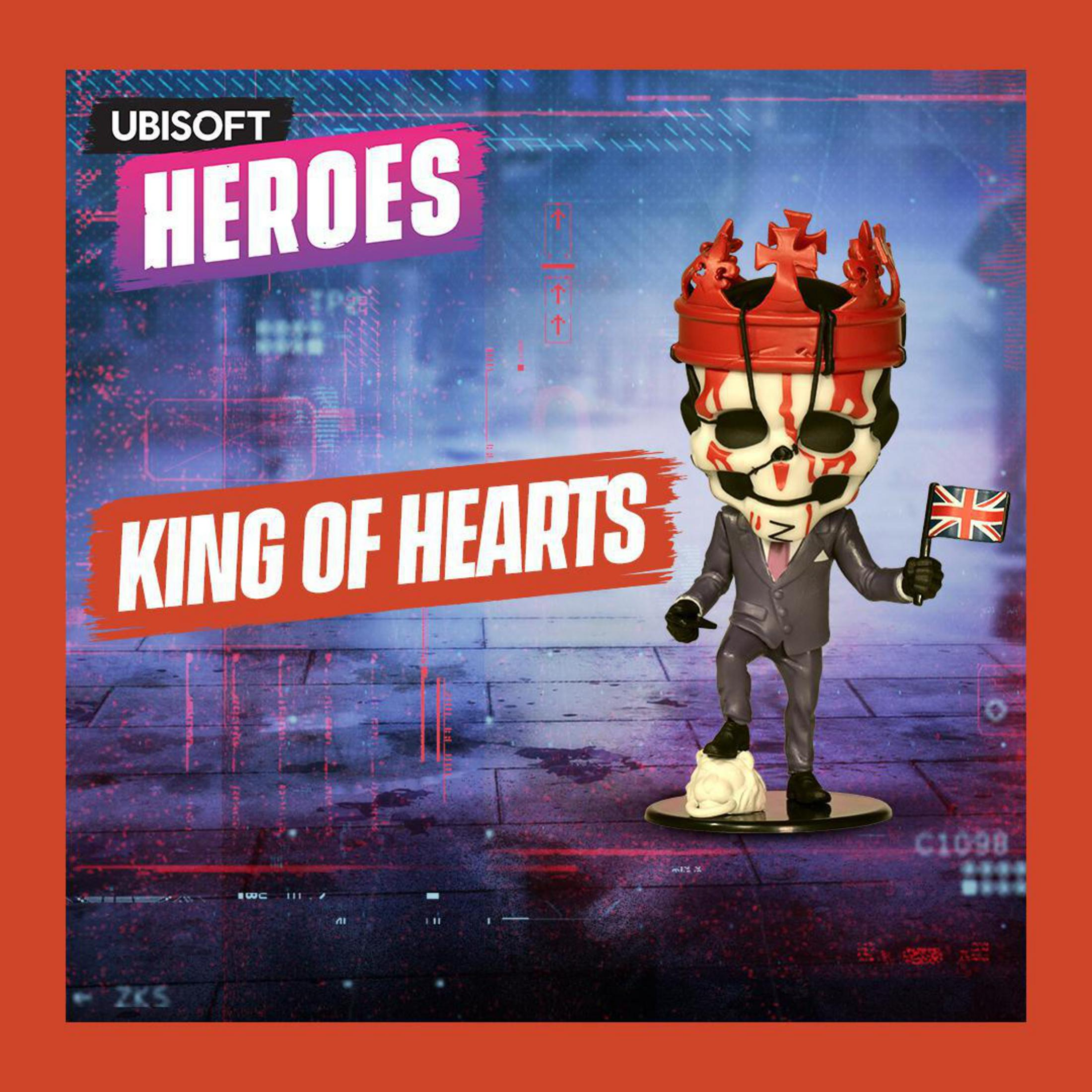 King of Hearts Figur aus der Ubisoft Heroes Serie, hält eine Flagge, steht auf Sockel.