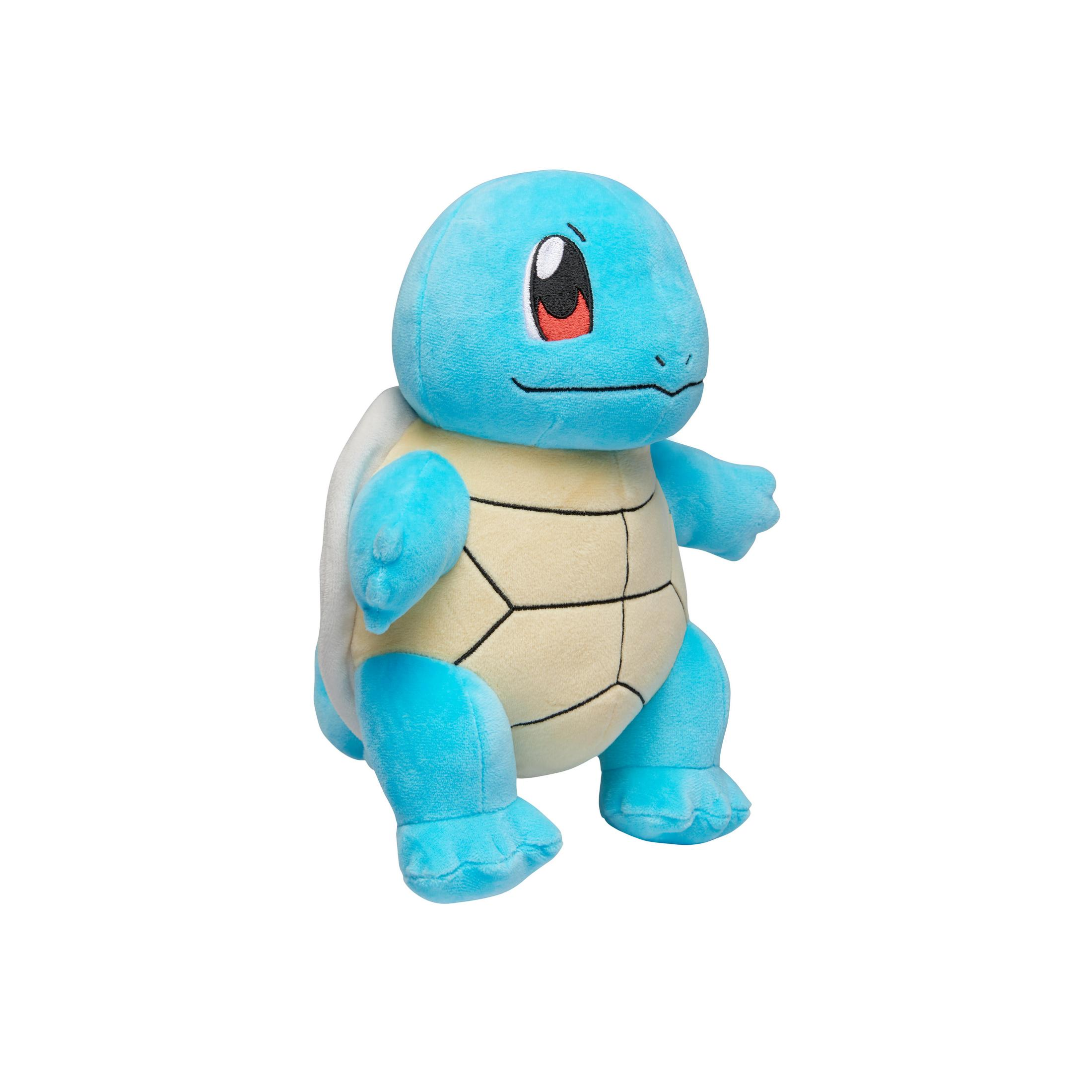 Blaues Squirtle-Plüschtier. Es hat einen braunen Panzer und rote Augen.