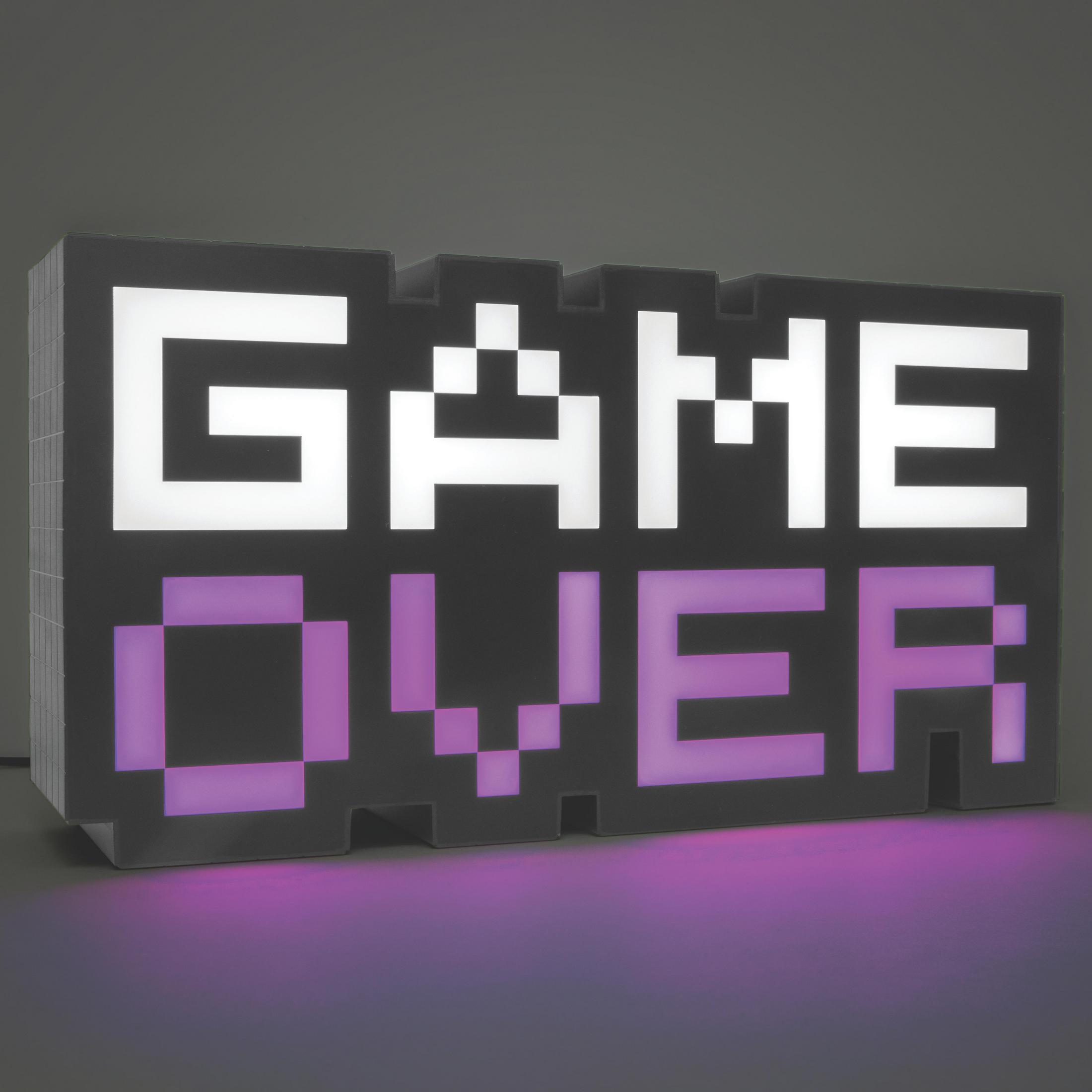 Un letrero pixelado de "GAME OVER" con luces rosas y blancas, que sugiere un tema de videojuego.
