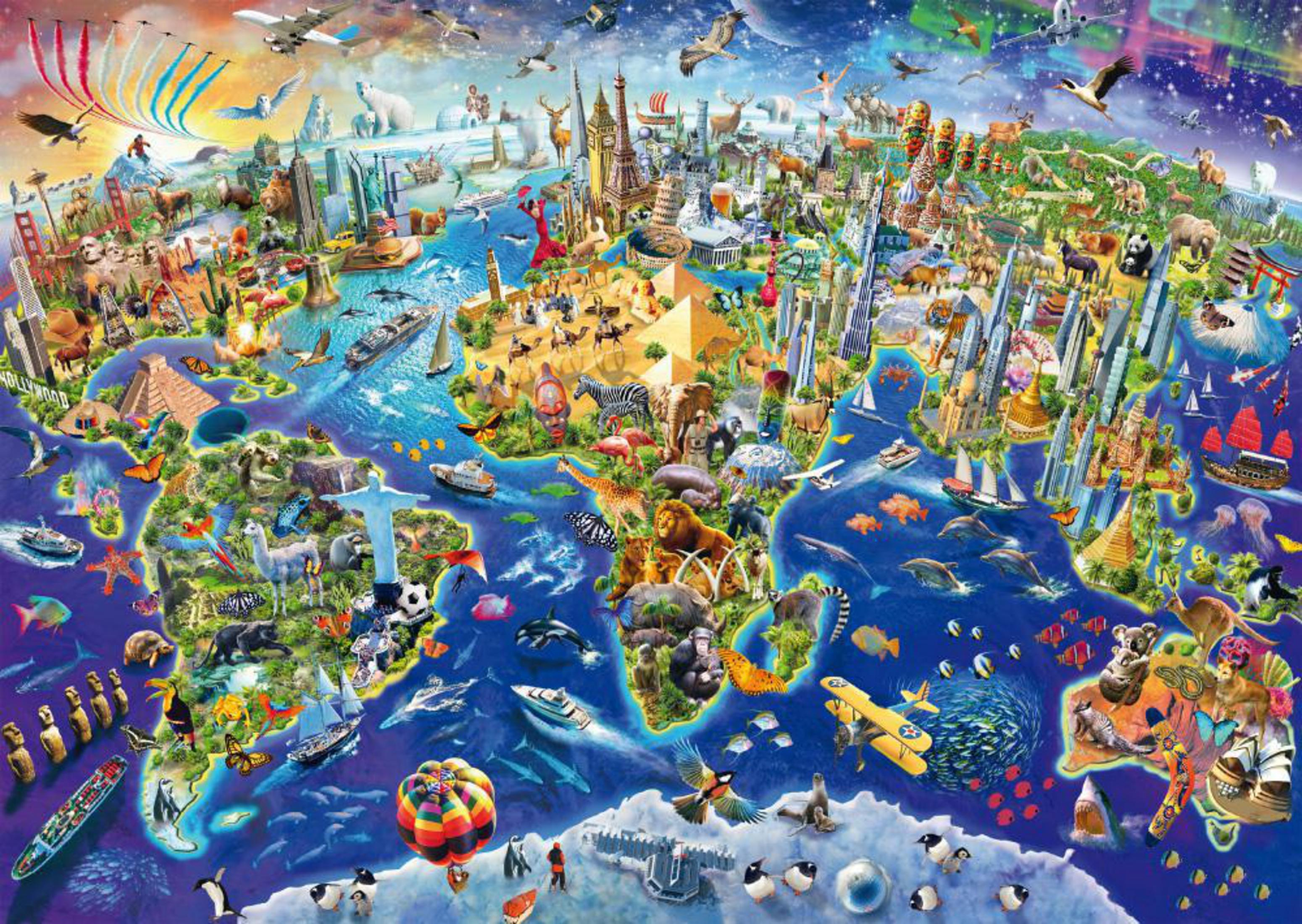 Un mapa mundial con varios puntos de referencia y animales.