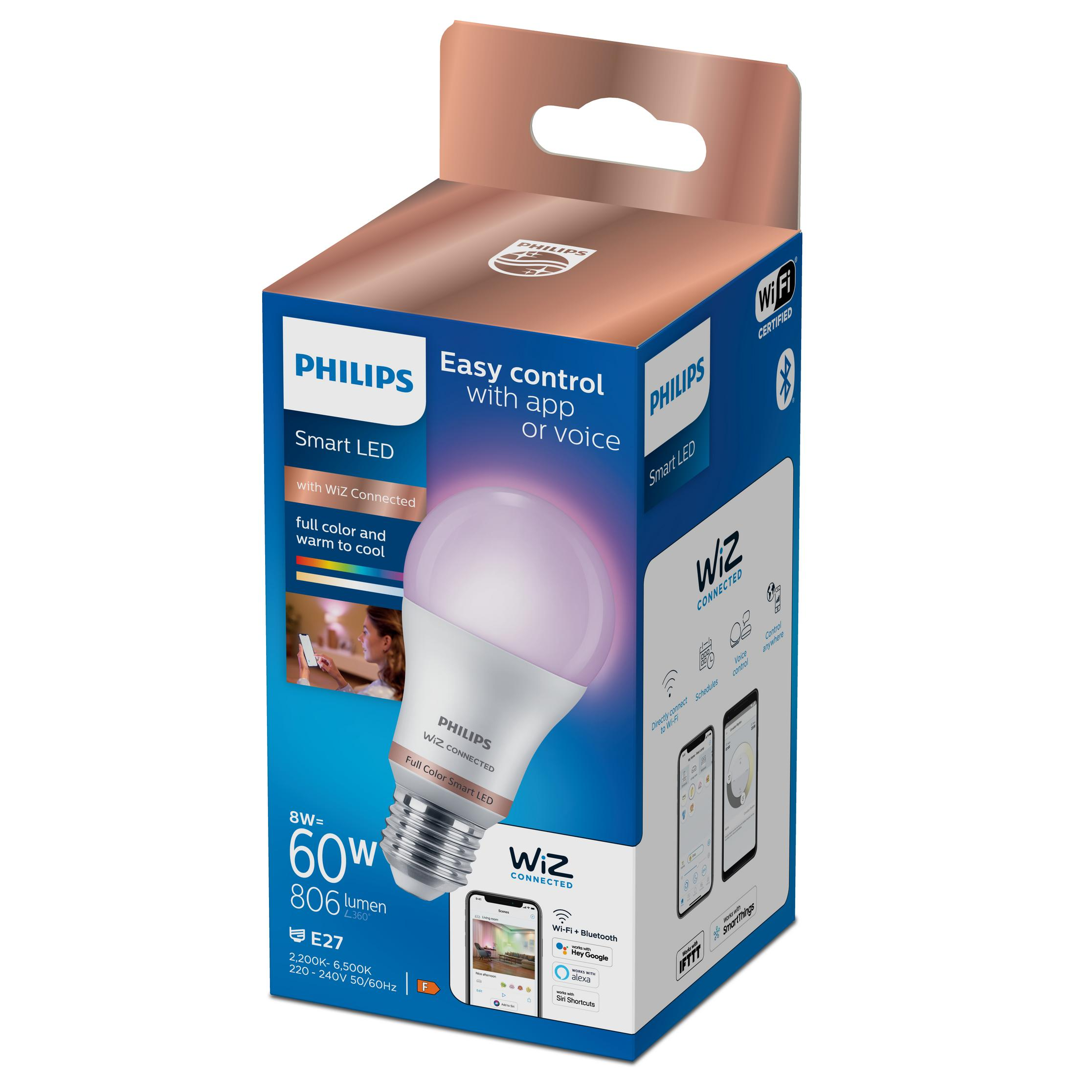 Philips Smart LED-Glühbirnenverpackung mit Grafiken und Informationen auf der Vorderseite.