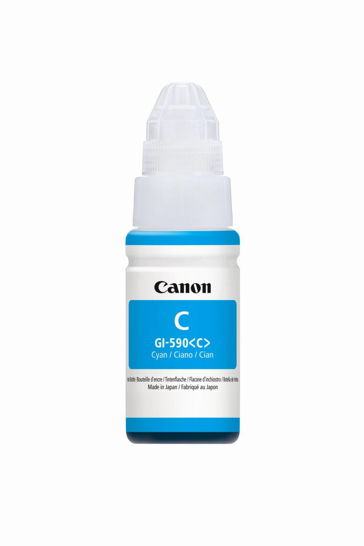 Canon cyaan inktfles. Witte fles met blauw etiket. Cyaan inkt is zichtbaar.