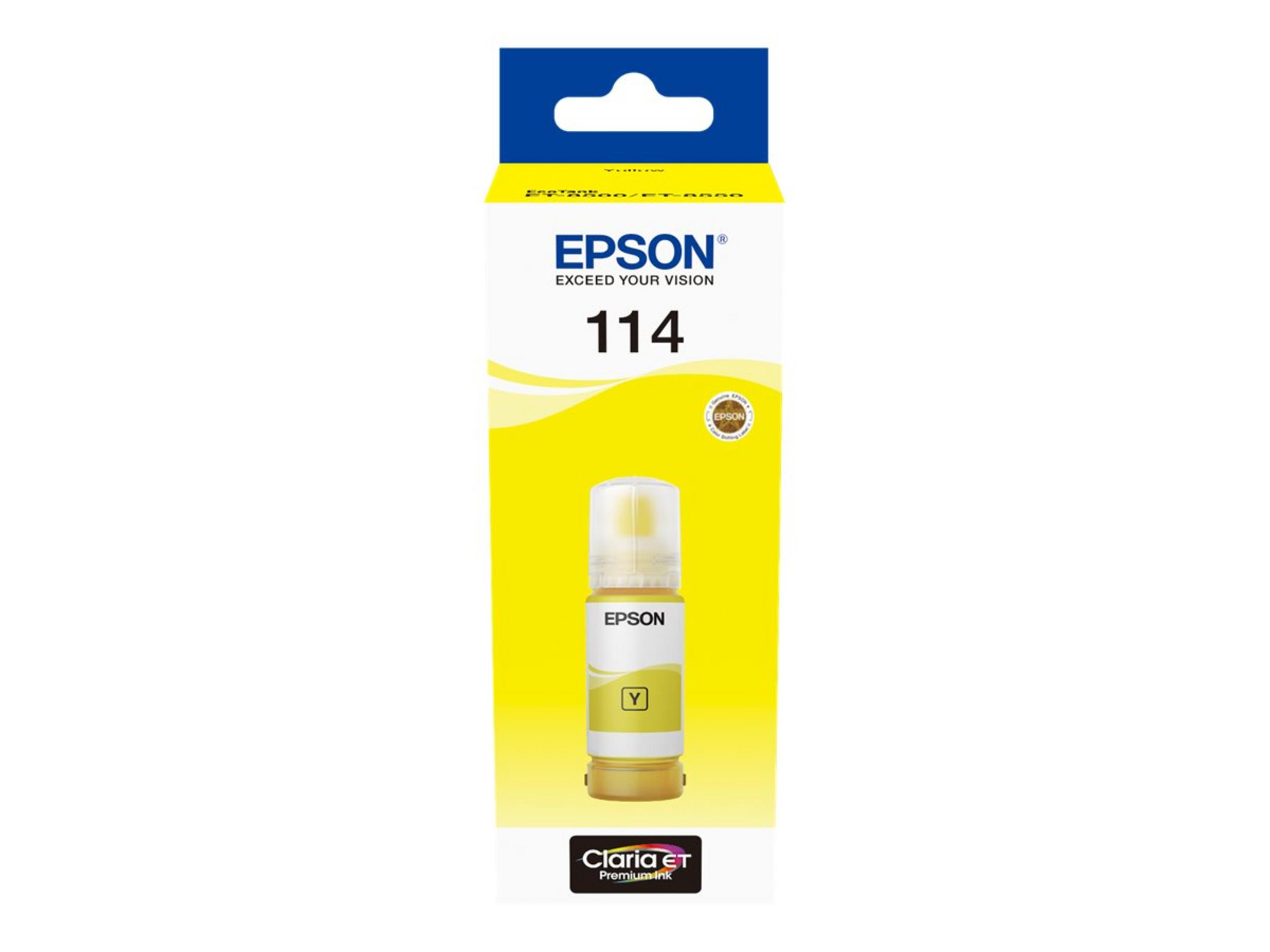 Cartuccia d'inchiostro giallo Epson 114. Bottiglia di inchiostro giallo all'interno di una scatola gialla e blu. Logo Epson in alto.