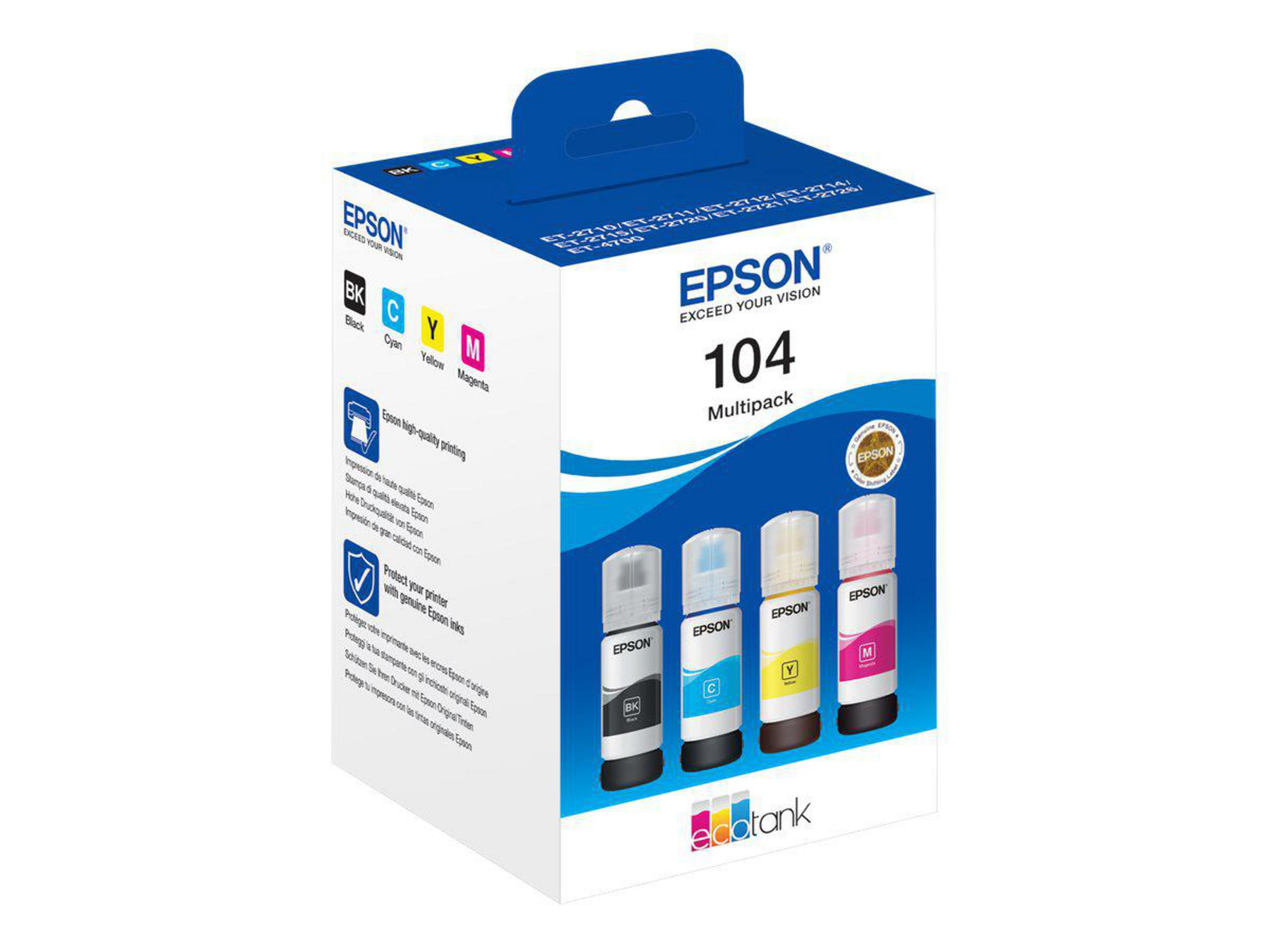 Wkłady atramentowe Epson 104 multipack w pudełku. Pudełko pokazuje butelki z tuszem oznaczone kolorami.