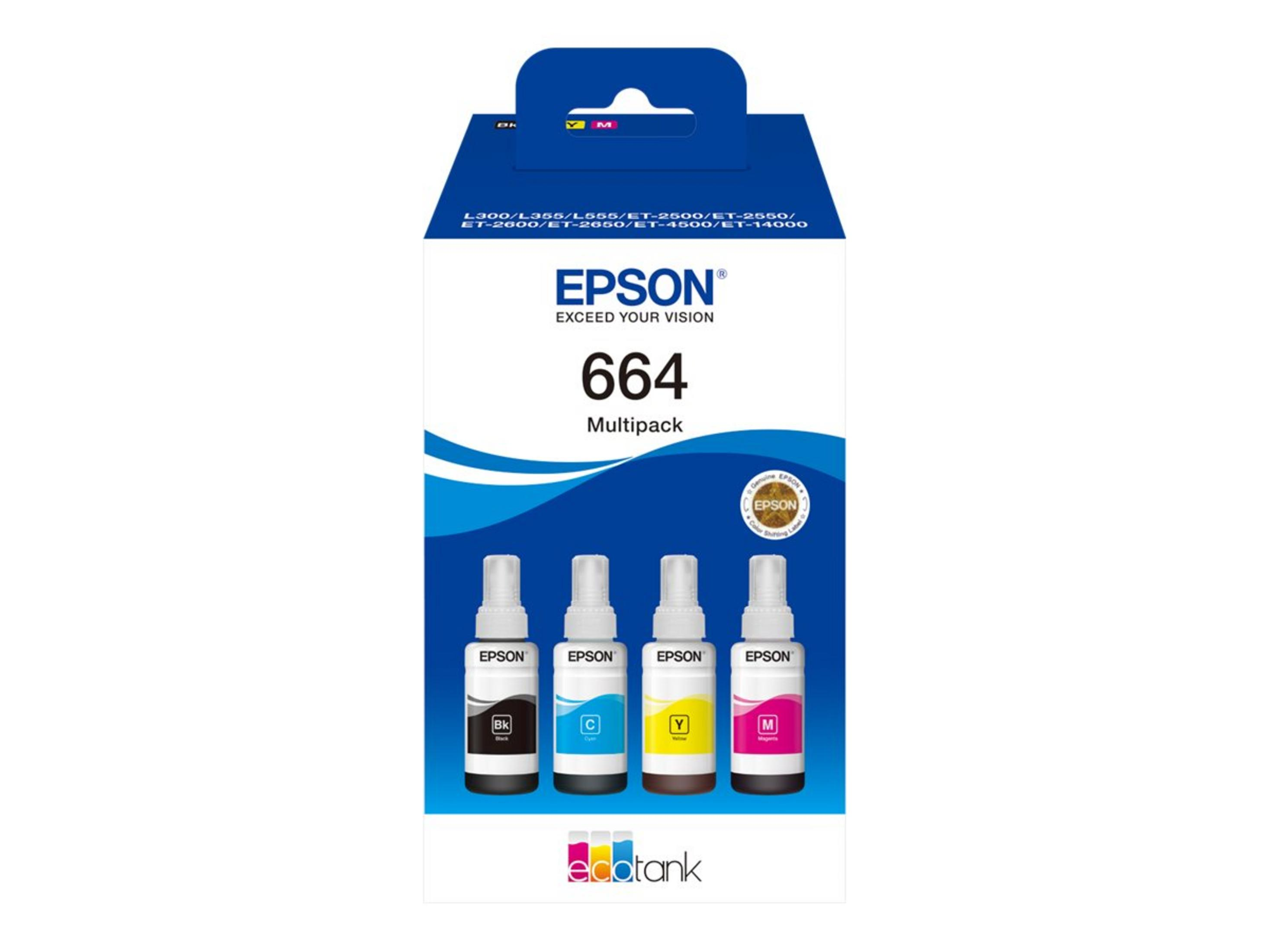 Multipack de tinta Epson 664, cuatro botellas: negro, cian, amarillo y magenta. Empaquetado en caja blanca y azul.