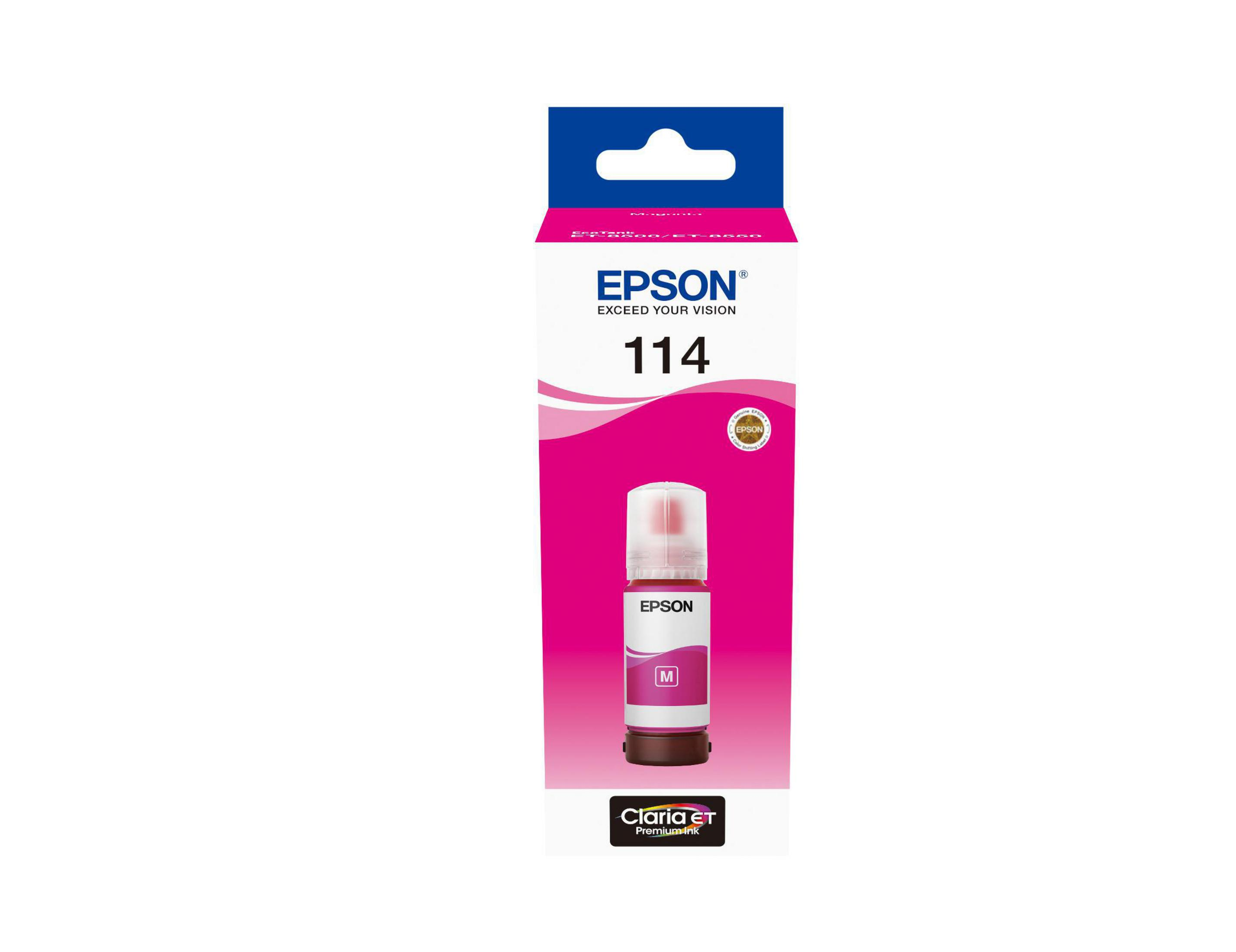 Epson inktfles in een roze en witte doos.