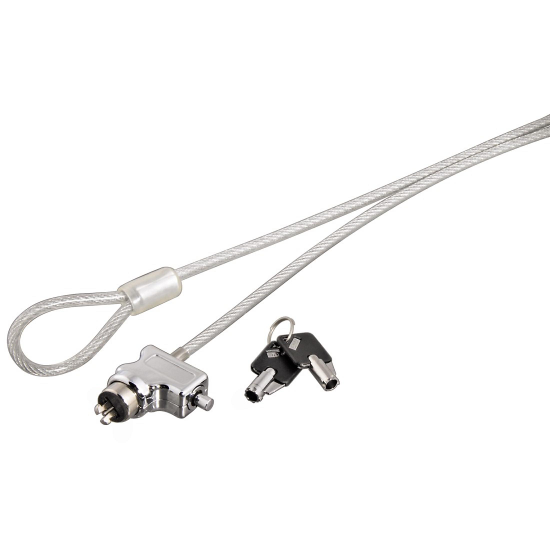 Ein silbernes Kabel mit einem Schloss und zwei Schlüsseln.