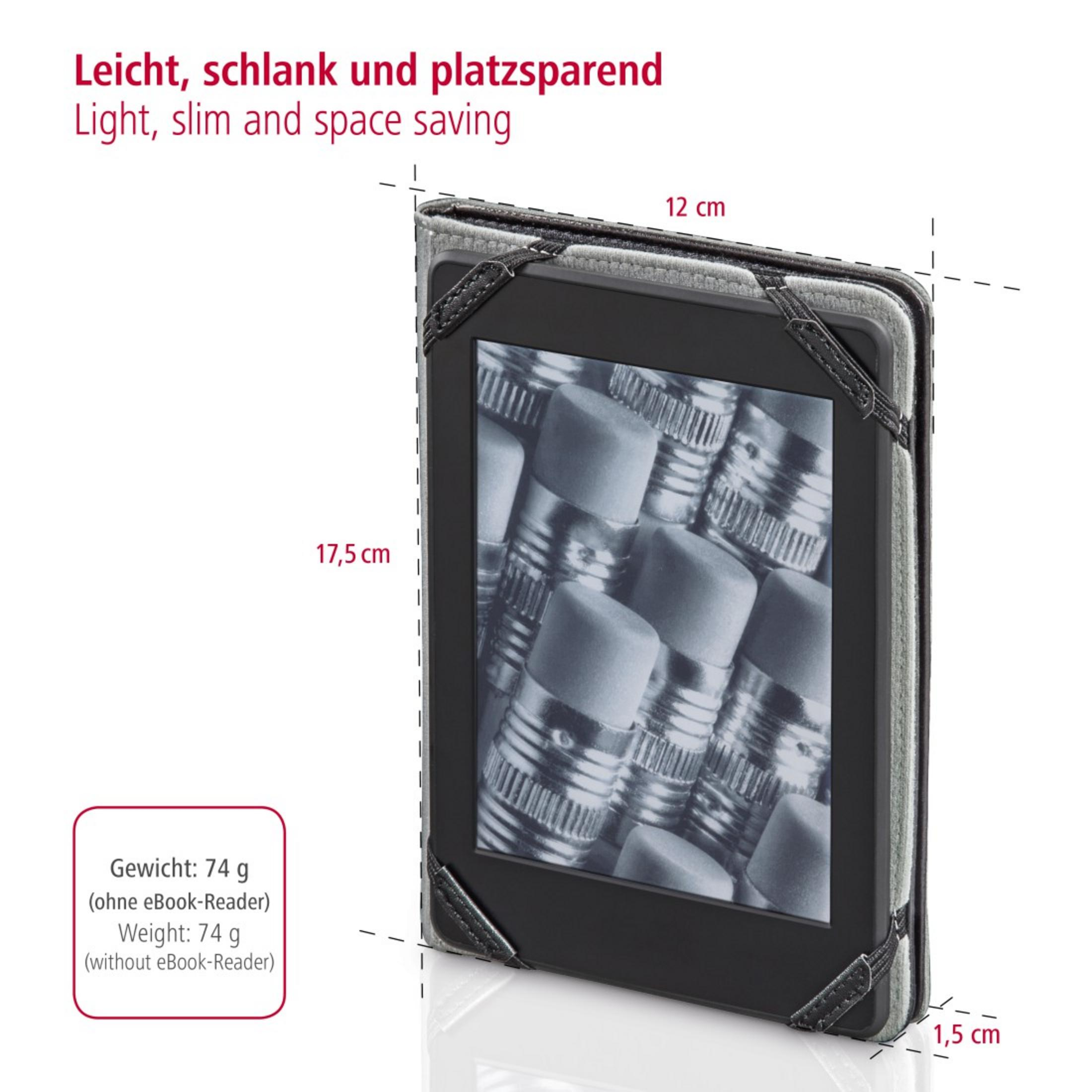 E-Reader in Hülle mit Buchbild. 17,5 cm hoch, 12 cm breit, 1,5 cm dick.